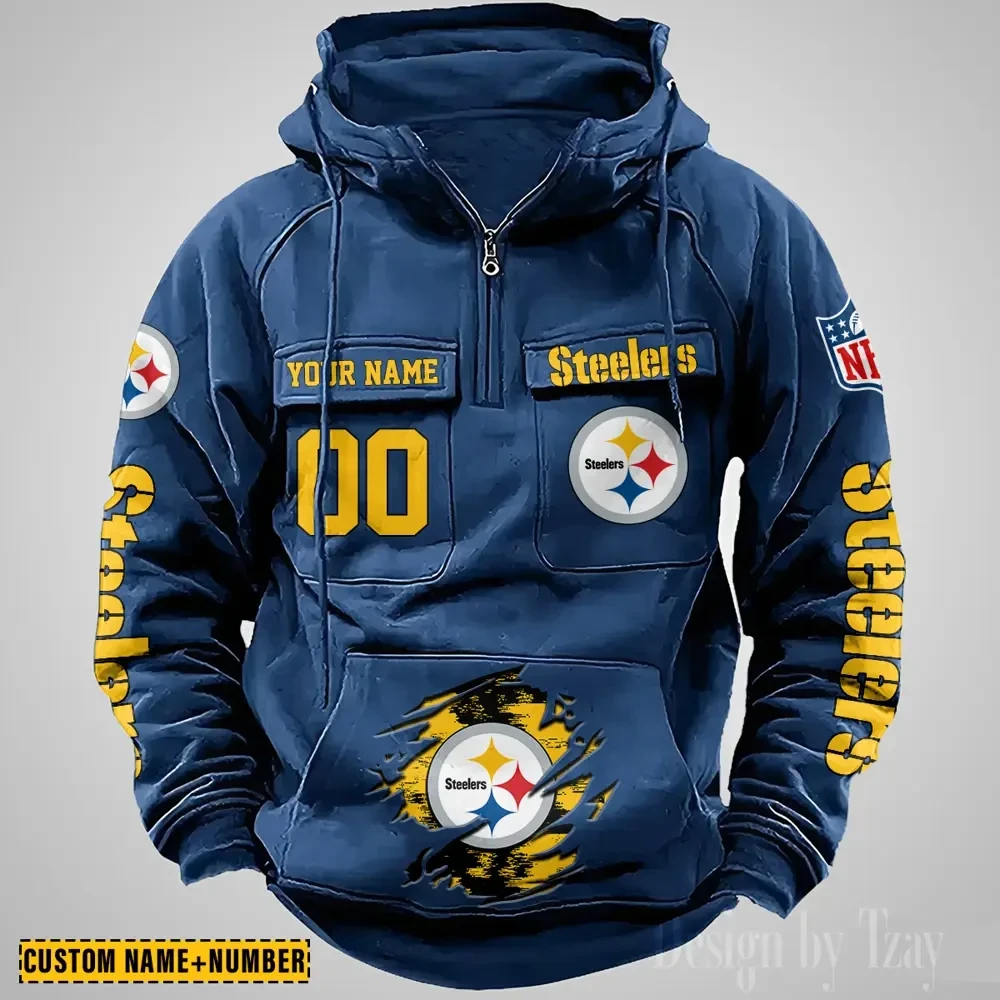Pittsburgh Steelers NFL Multi Pocket Zipper Retro Hoodie PBS0AVL