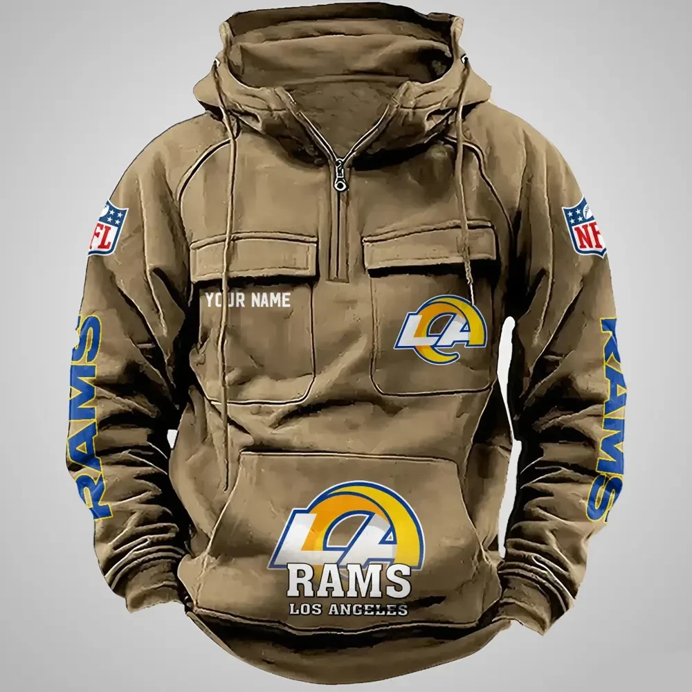 Los Angeles Rams Long Sleeve Zipper Pocket Clothing Hooded Pullover Male Retro AZVMHD1271