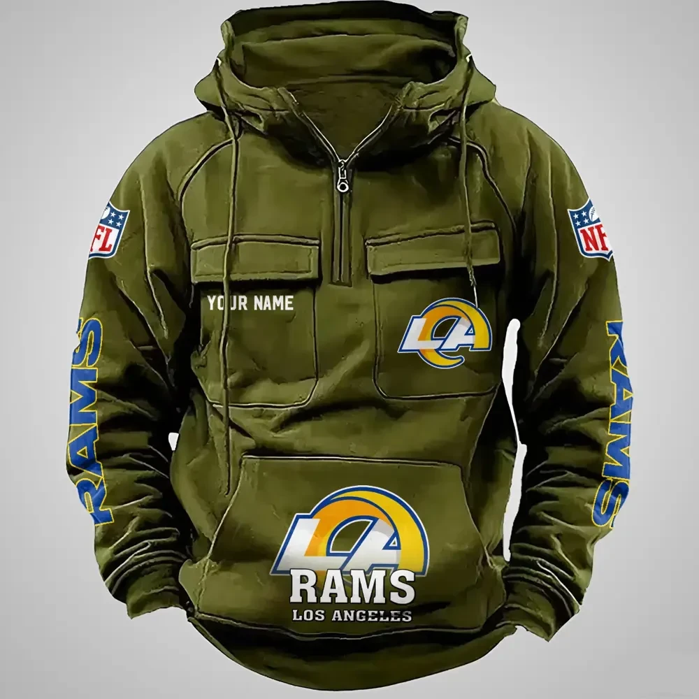 Los Angeles Rams Long Sleeve Zipper Pocket Clothing Hooded Pullover Male Retro PBS8J8A