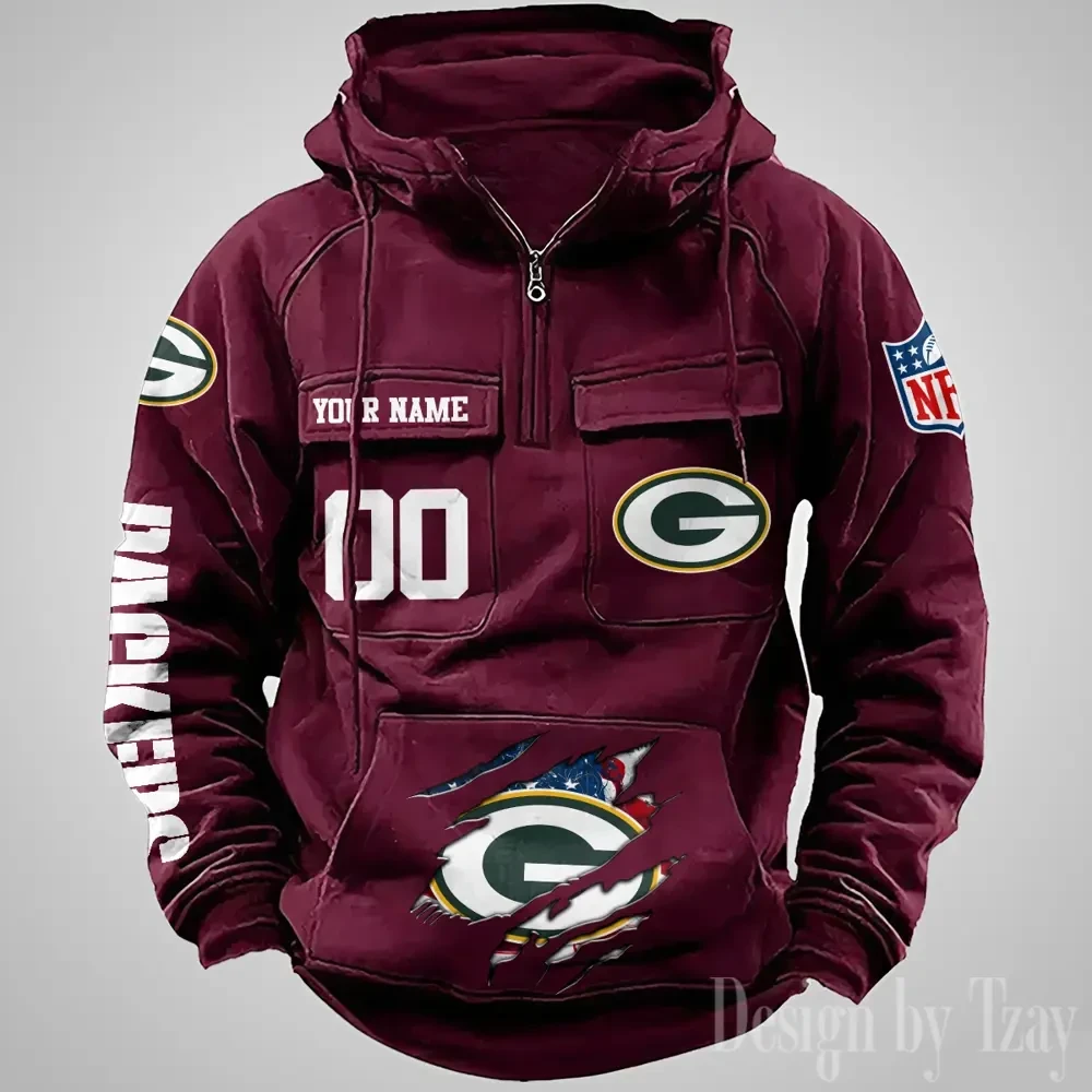 Green Bay Packers Designer Hoodies For Men Casual Fashion Solid Multi-Pocket Zipper Long Slevee AZVMHD905