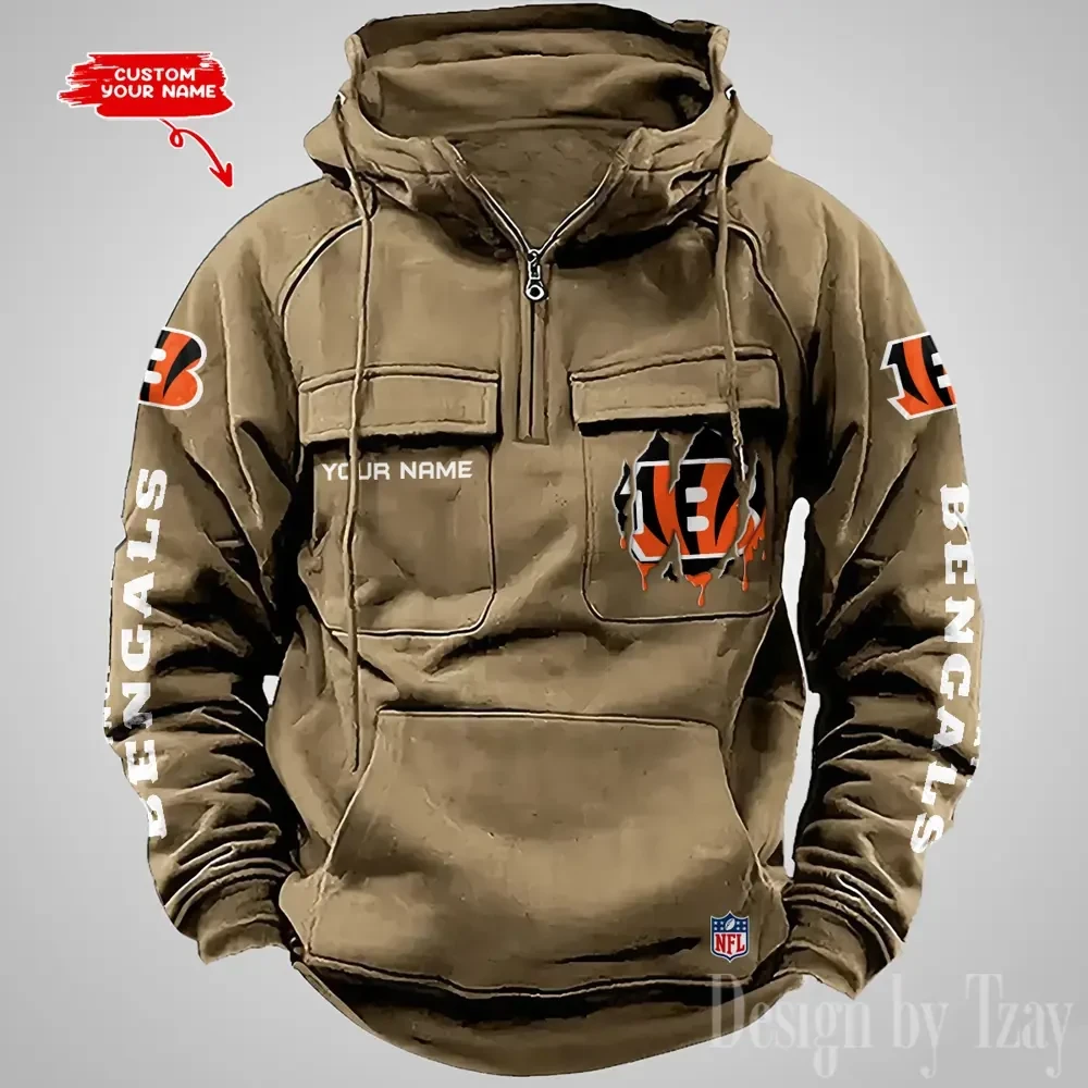 Cincinnati Bengals Designer Hoodies For Men Casual Fashion Solid Multi-Pocket Zipper Long Slevee AZVMHD868