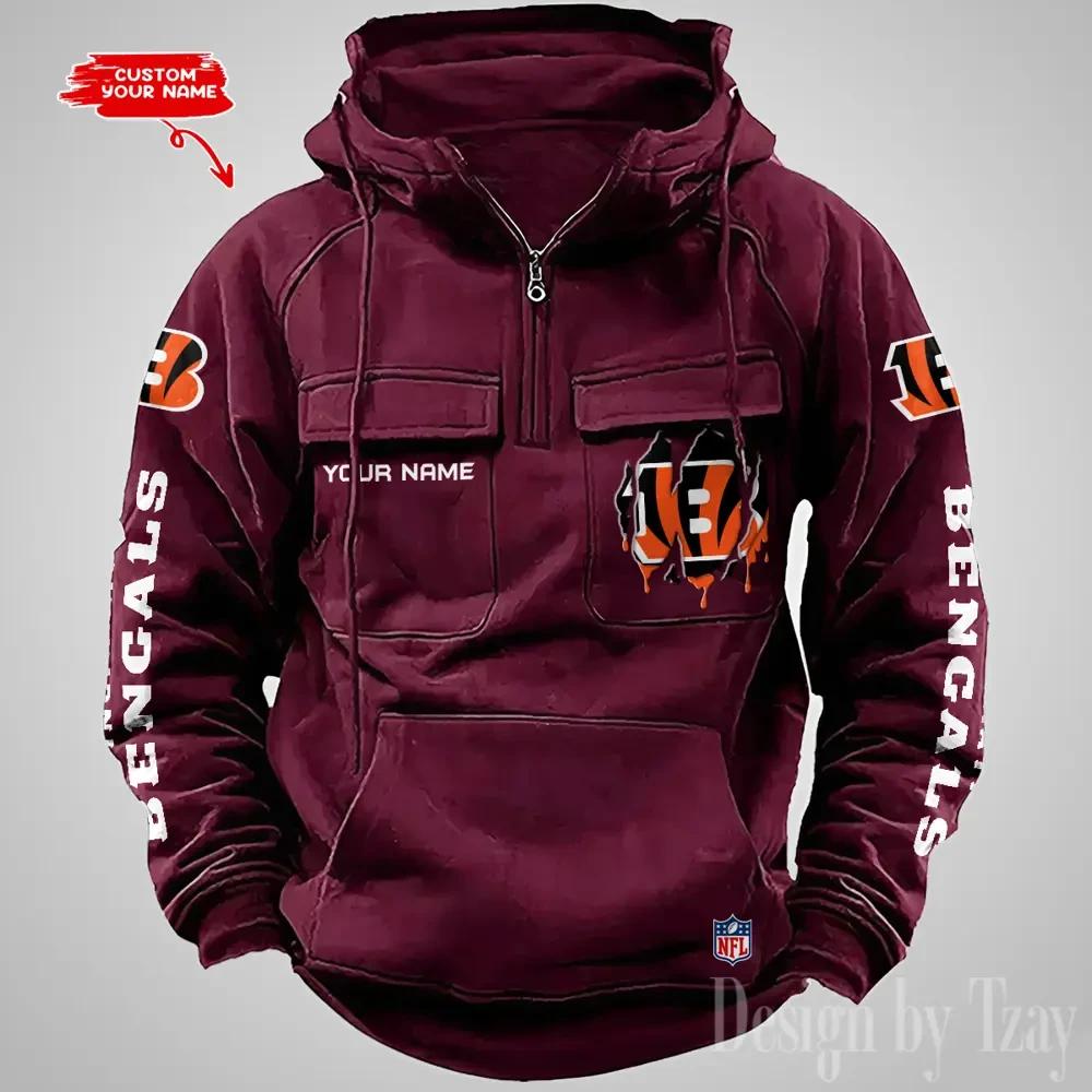 Cincinnati Bengals Designer Hoodies For Men Casual Fashion Solid Multi-Pocket Zipper Long Slevee PBDAH5B