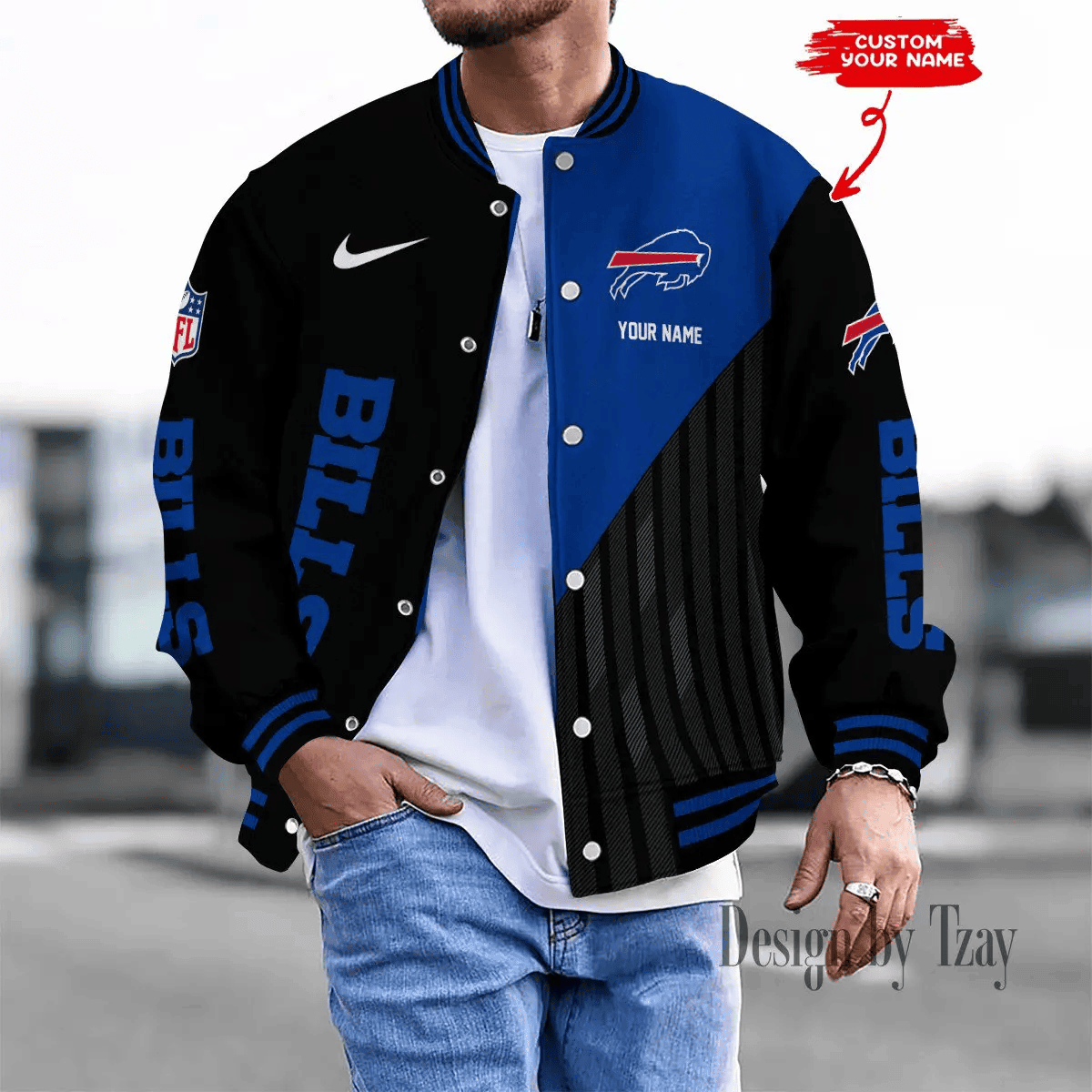 SPTBBJACKET100-Buffalo Bills Personalized New Baseball Jacket Gifts For Fan