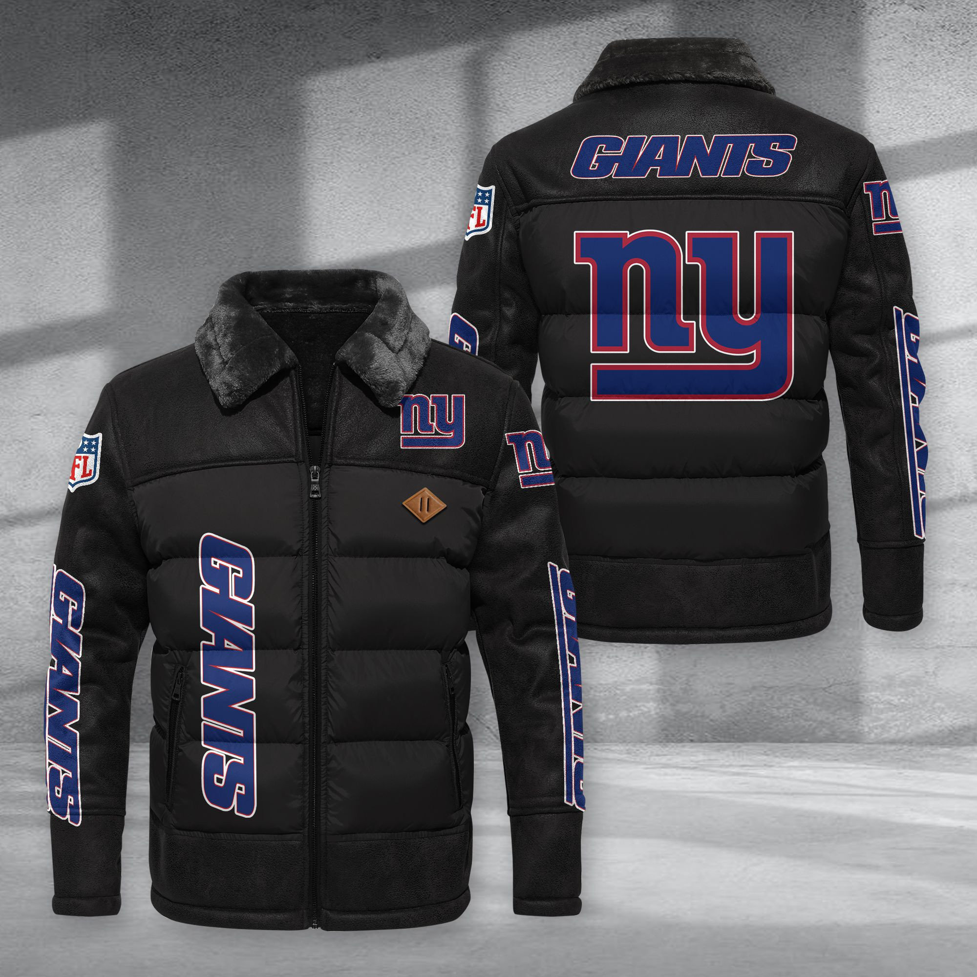 New York Giants Fur Collar Leather-Look Puffer Jacket PURJD025