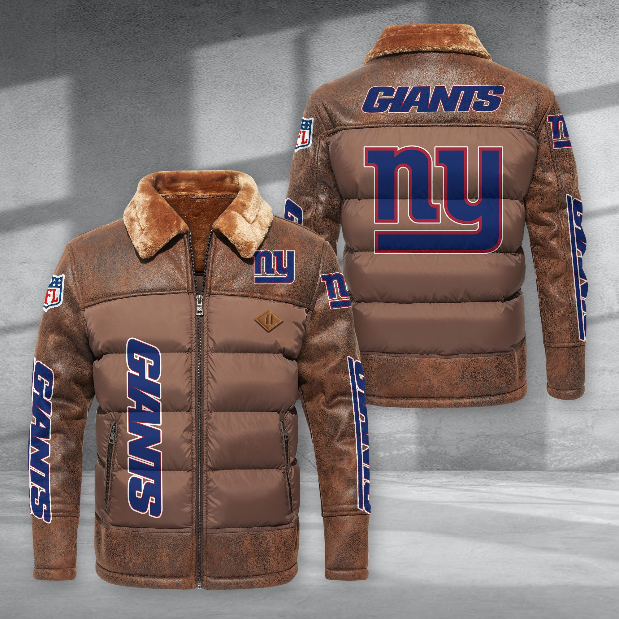 New York Giants Fur Collar Leather-Look Puffer Jacket PB1HNMU