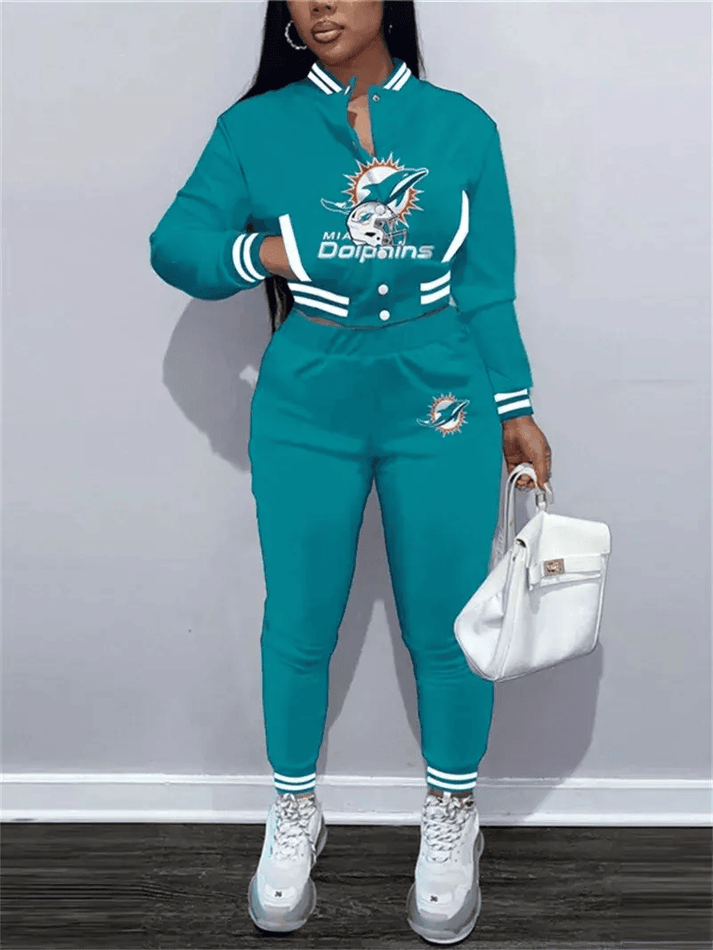 Miami Dolphins Women's Outfits Varsity Jacket Crop Tops Sweatpants Tracksuit S9TRC150