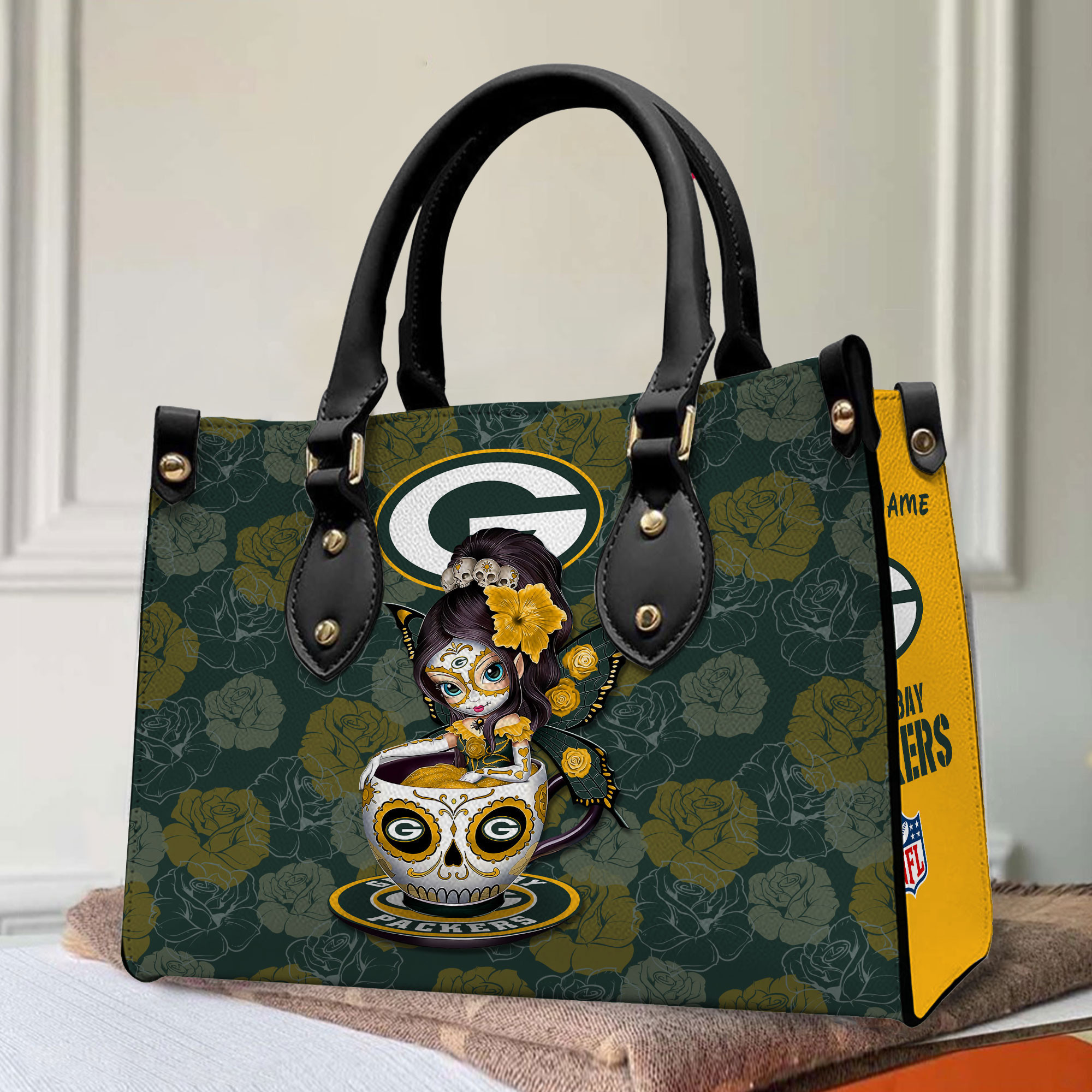 Green Bay Packers Personalized Leather Hand Bag PBG7UI9