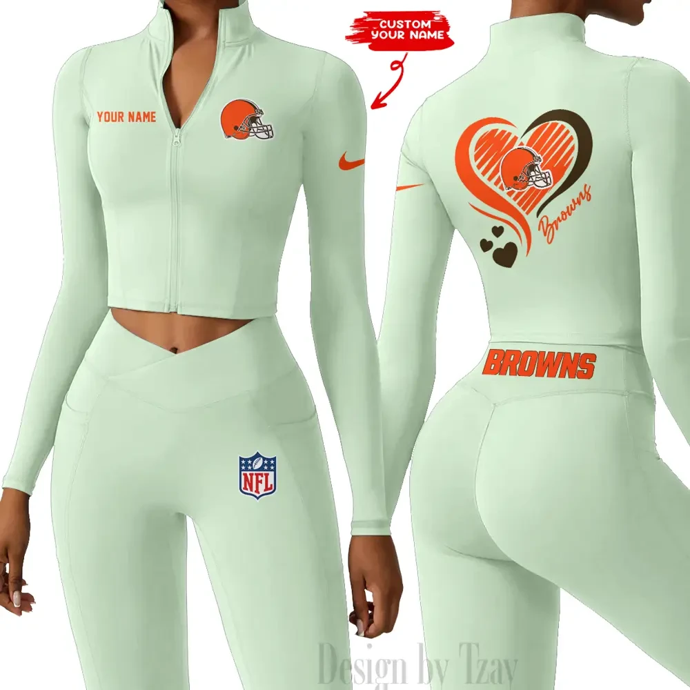 Cleveland Browns Women Activewear Set 2 Piece Crop Jacket and High Waist Leggings SPTZSTW174