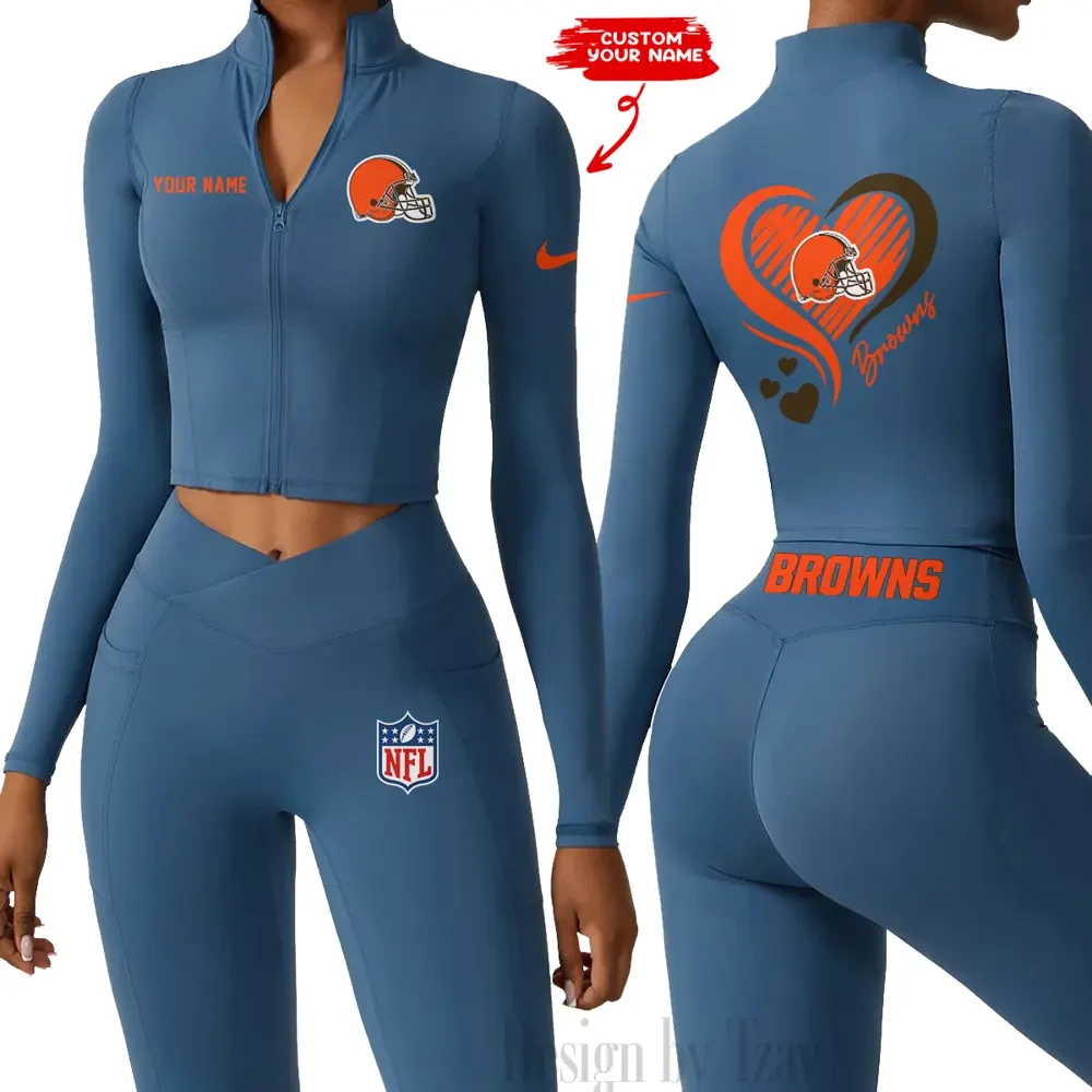 Cleveland Browns Women Activewear Set 2 Piece Crop Jacket and High Waist Leggings PB4HZBN