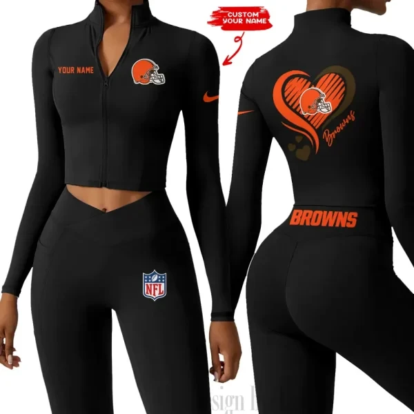 Cleveland Browns Women Activewear Set 2 Piece Crop Jacket and High Waist Leggings PB4HZBN