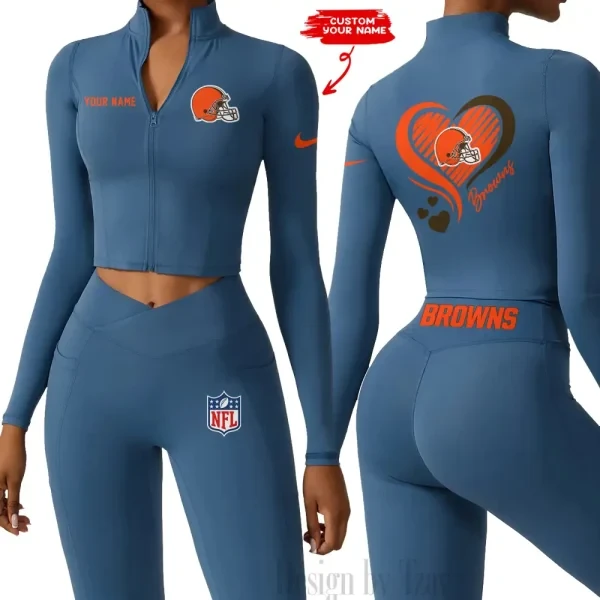 Cleveland Browns Women Activewear Set 2 Piece Crop Jacket and High Waist Leggings PB4HZBN
