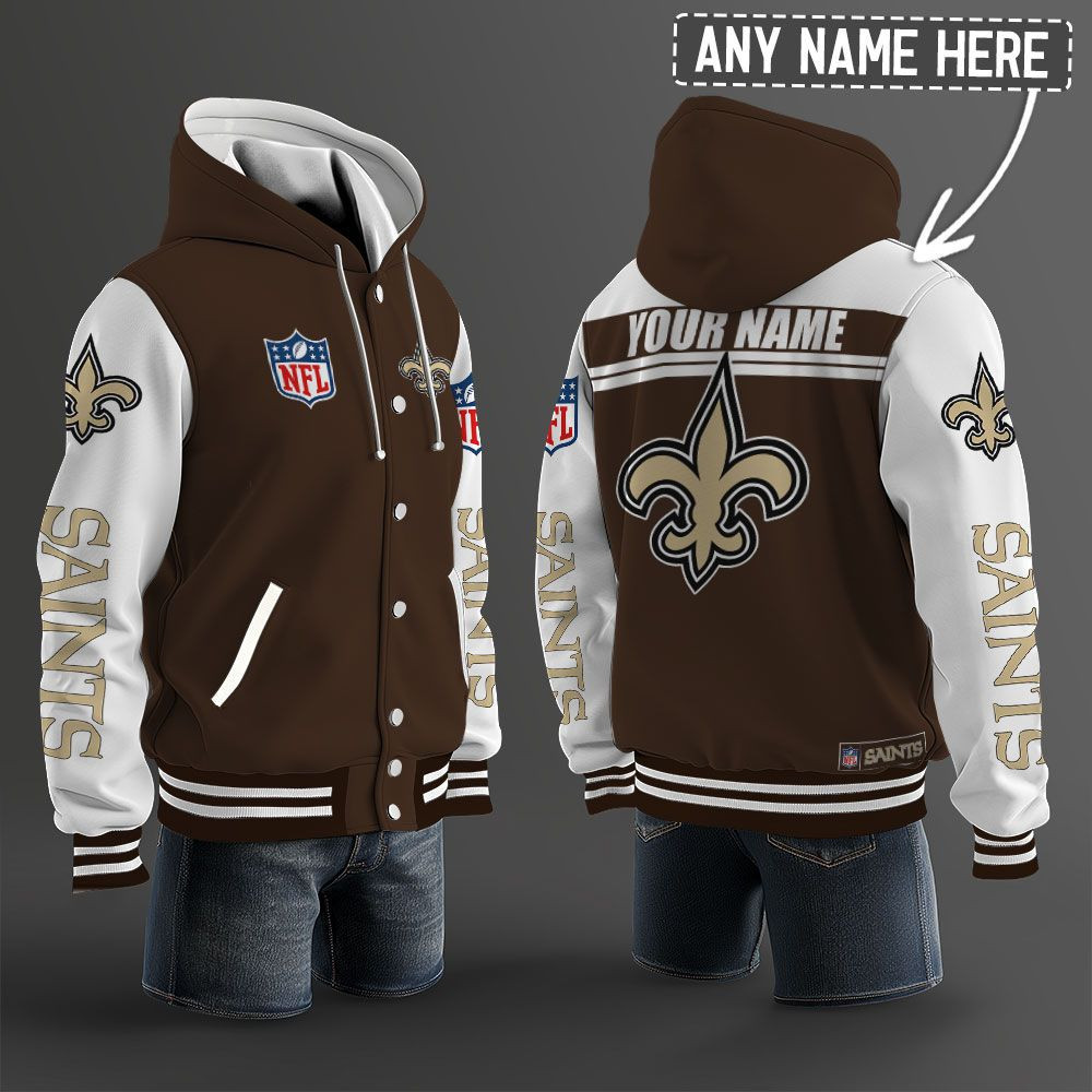 New Orleans Saints NFL Hooded Letterman Jacket Custom Name PBDU93A