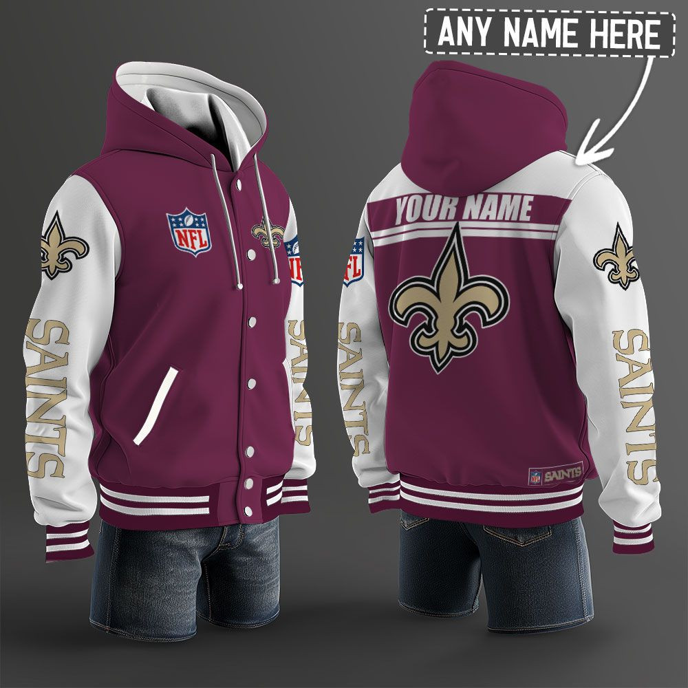 New Orleans Saints NFL Hooded Letterman Jacket Custom Name PBDU93A