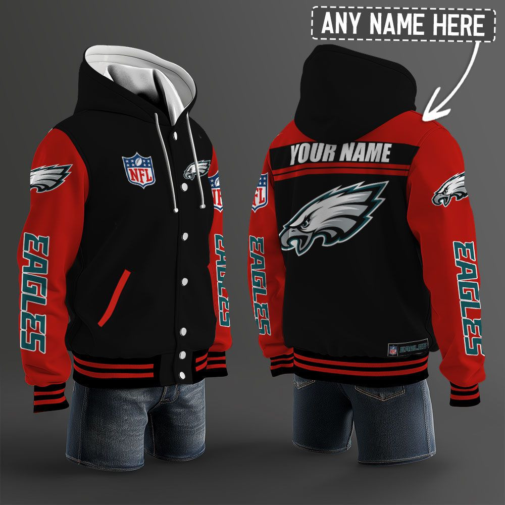 Philadelphia Eagles NFL Hooded Letterman Jacket Custom Name PBQYLR1