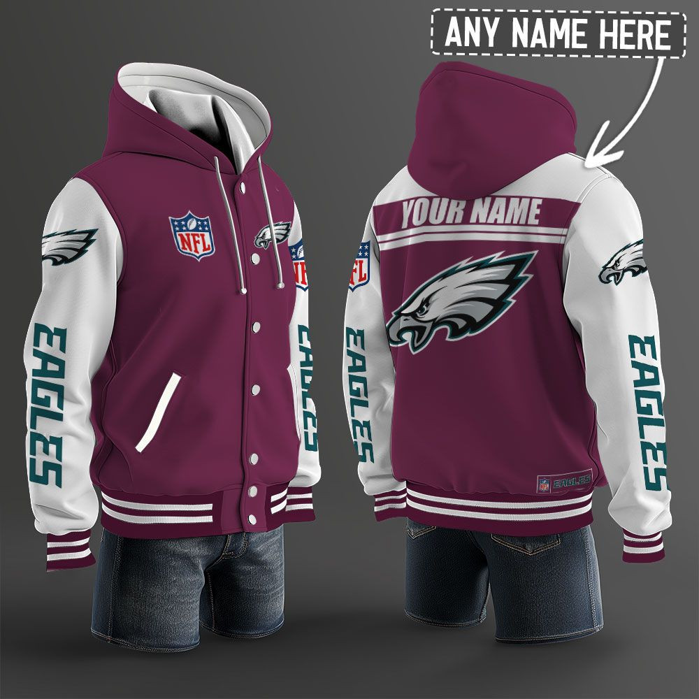 Philadelphia Eagles NFL Hooded Letterman Jacket Custom Name PBQYLR1