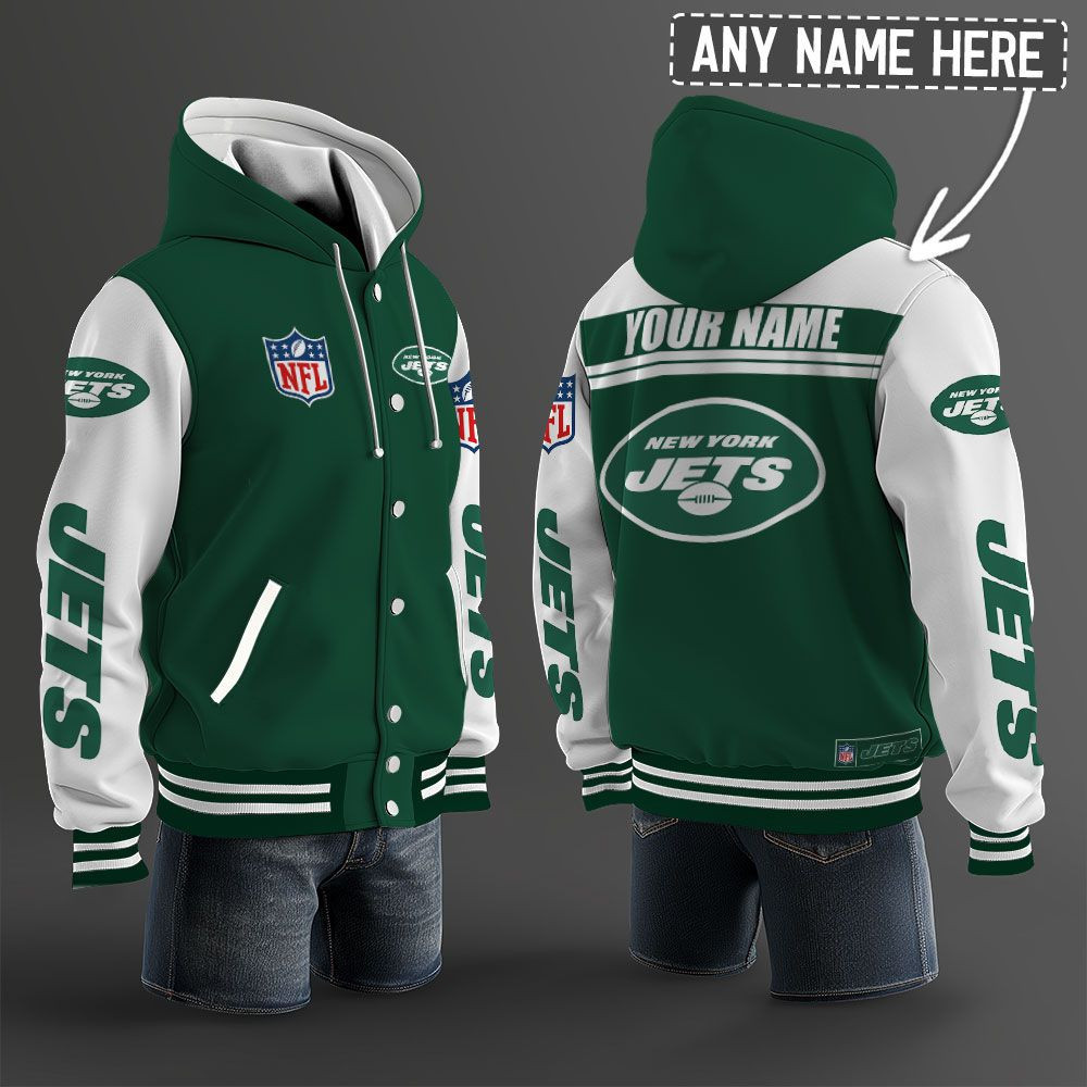New York Jets NFL Hooded Letterman Jacket Custom Name BRDCT3DA2405
