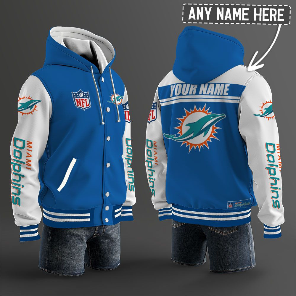 Miami Dolphins NFL Hooded Letterman Jacket Custom Name BRDCT3DA1905