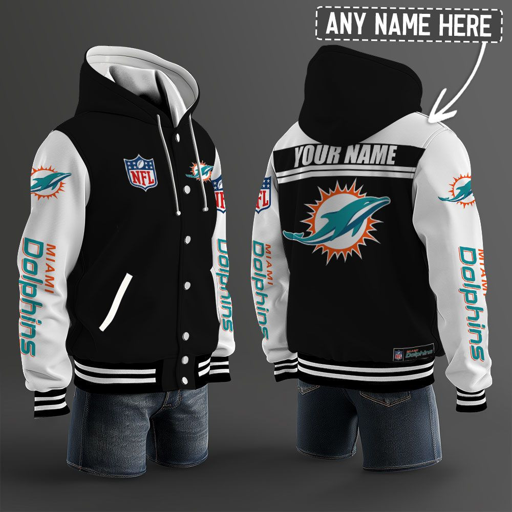 Miami Dolphins NFL Hooded Letterman Jacket Custom Name PBWOHG6