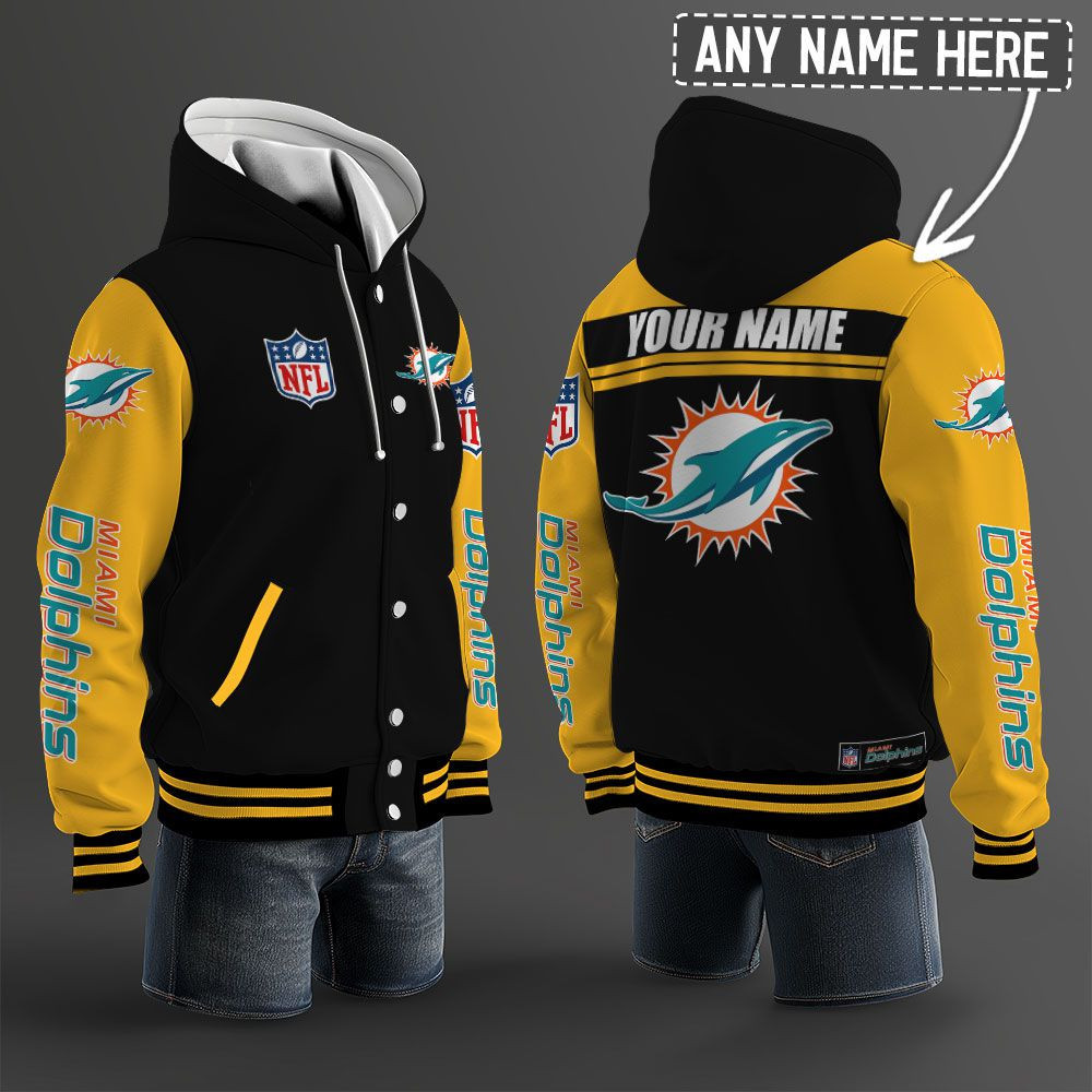 Miami Dolphins NFL Hooded Letterman Jacket Custom Name PBWOHG6