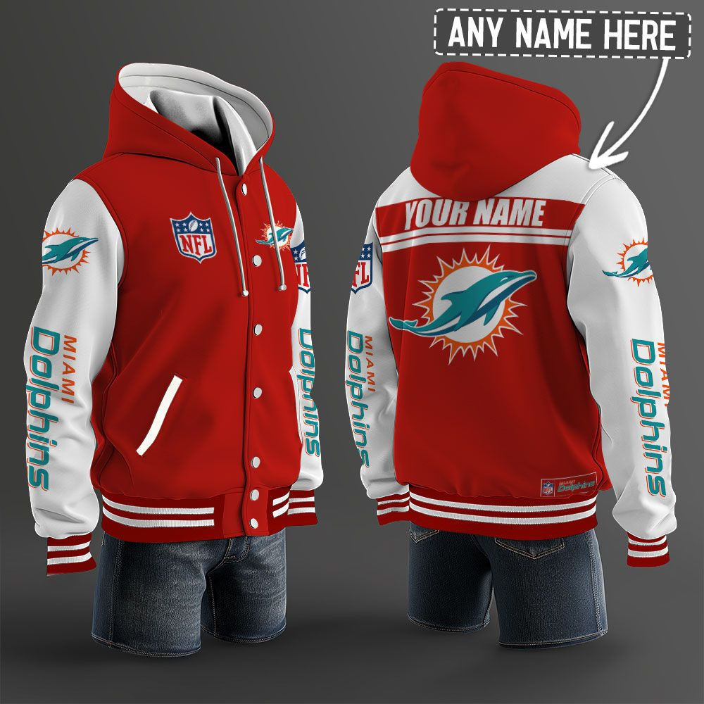 Miami Dolphins NFL Hooded Letterman Jacket Custom Name PBWOHG6