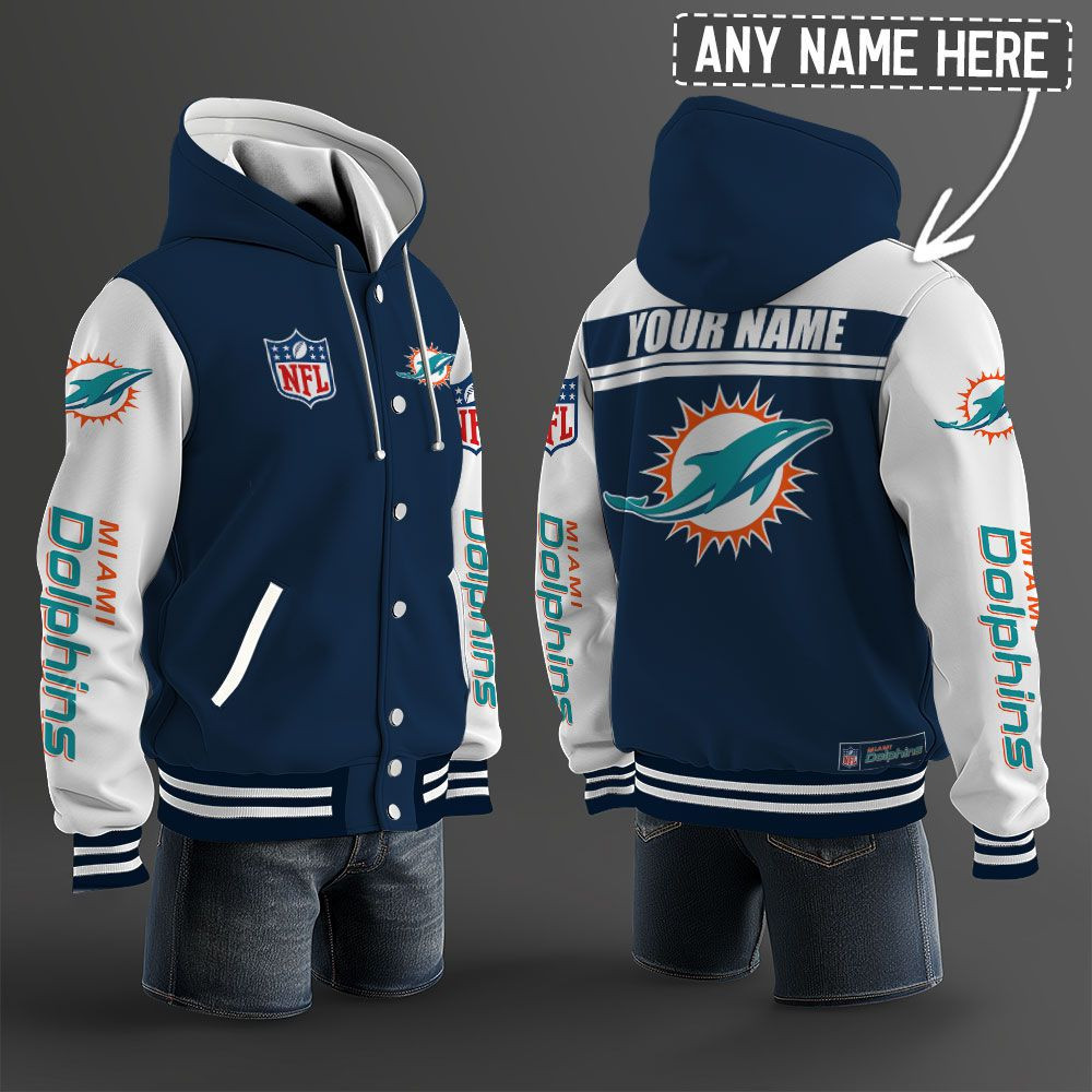Miami Dolphins NFL Hooded Letterman Jacket Custom Name PBWOHG6