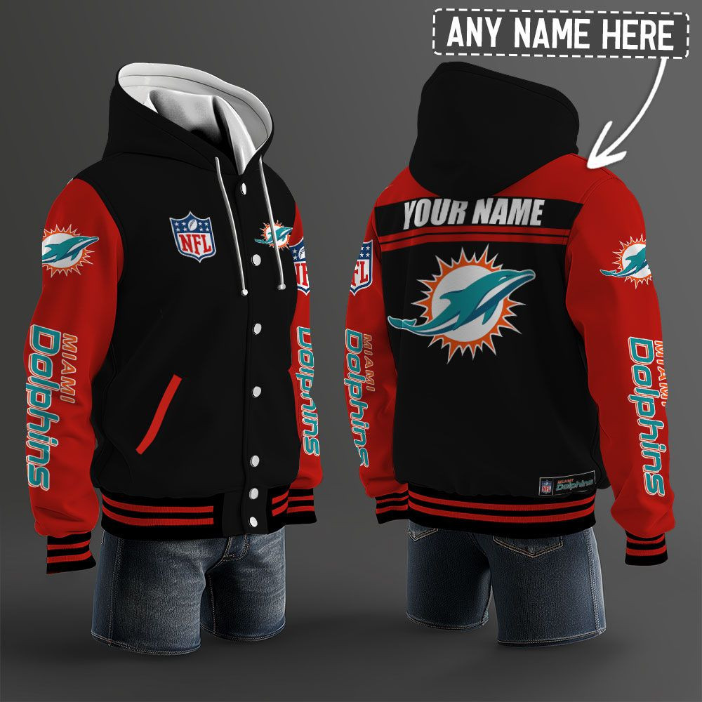 Miami Dolphins NFL Hooded Letterman Jacket Custom Name PBWOHG6
