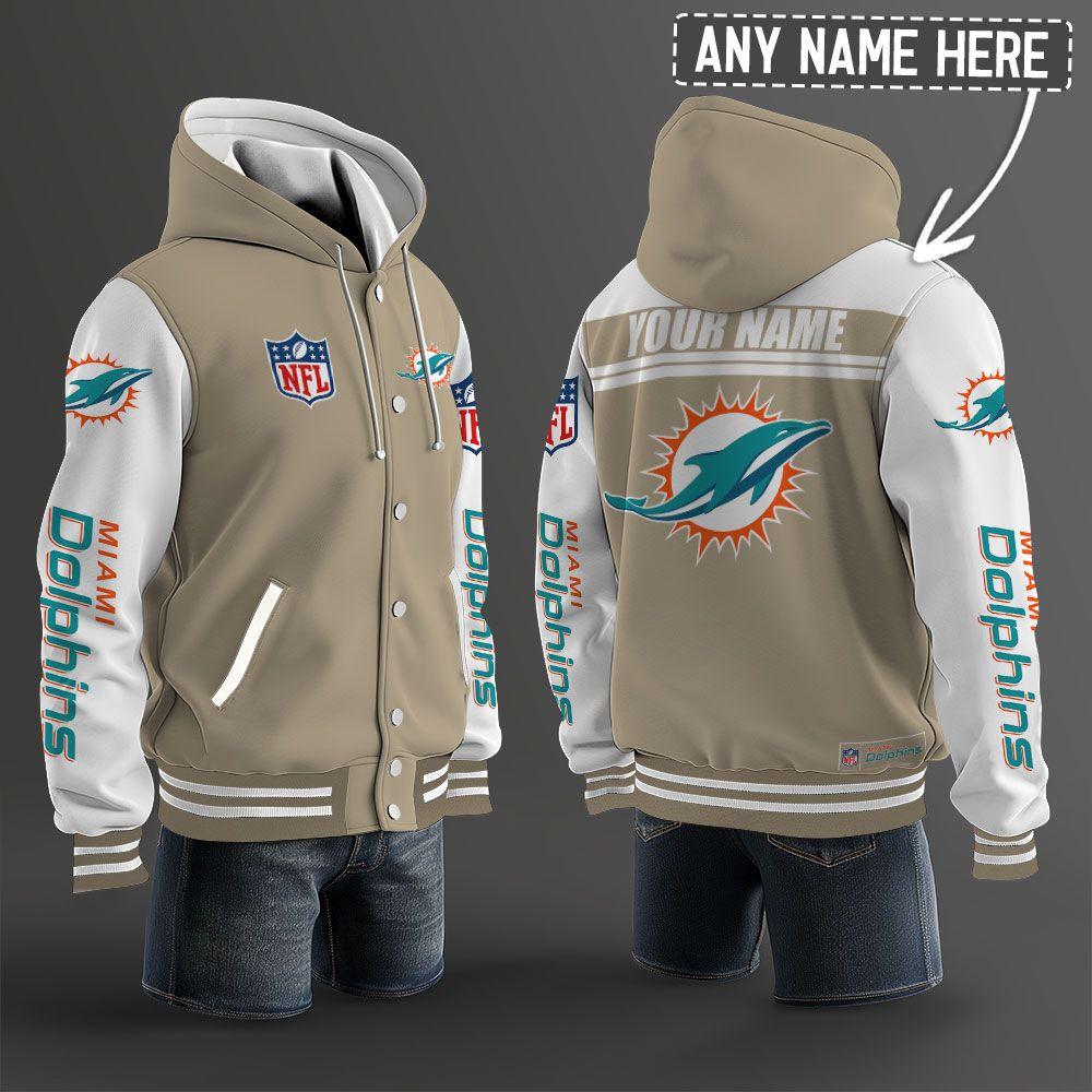 Miami Dolphins NFL Hooded Letterman Jacket Custom Name PBWOHG6