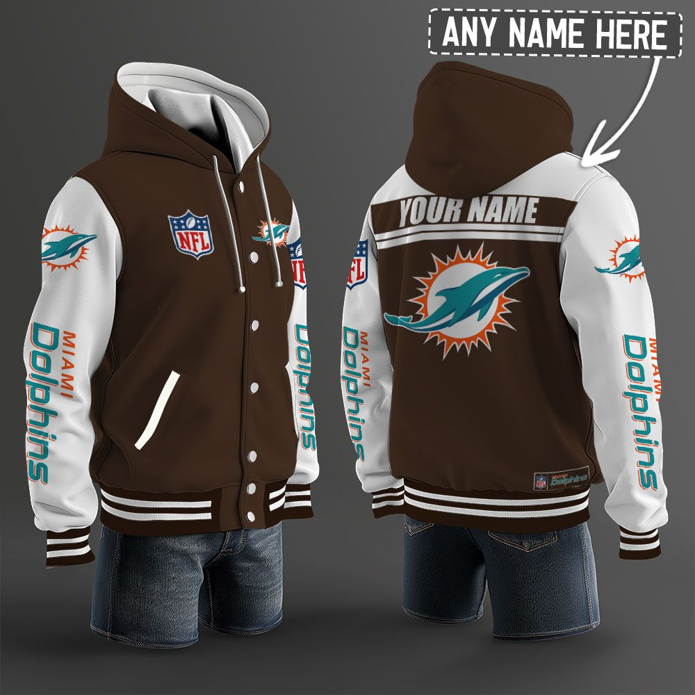 Miami Dolphins NFL Hooded Letterman Jacket Custom Name PBWOHG6