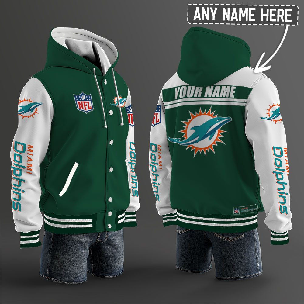 Miami Dolphins NFL Hooded Letterman Jacket Custom Name PBWOHG6