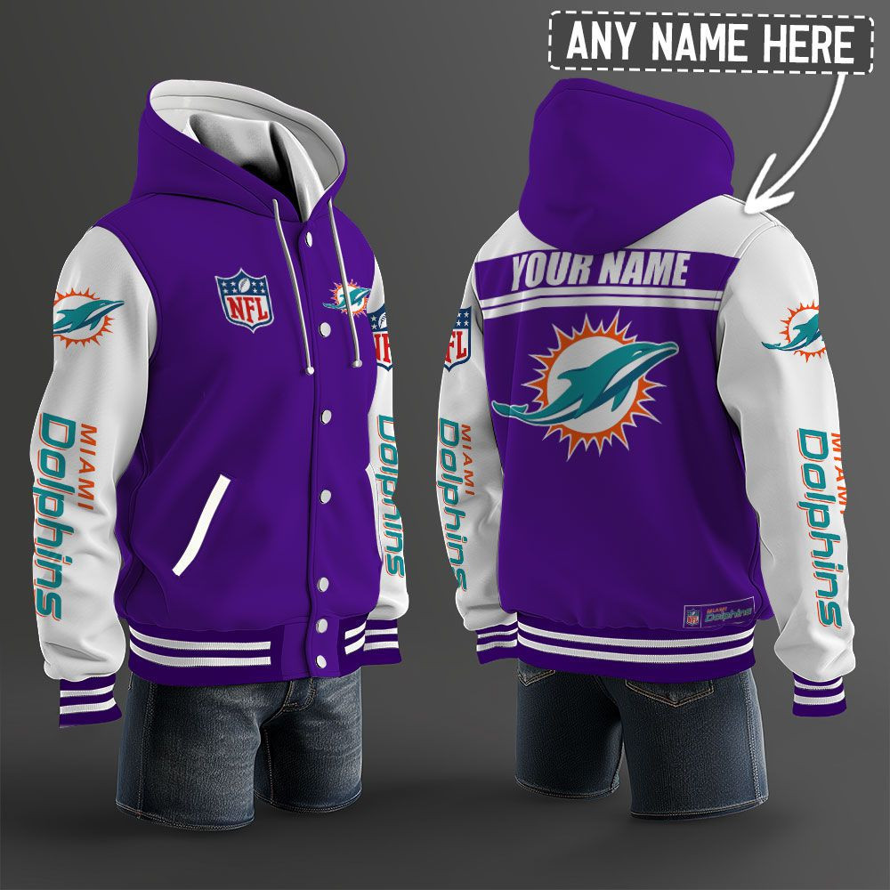 Miami Dolphins NFL Hooded Letterman Jacket Custom Name PBWOHG6