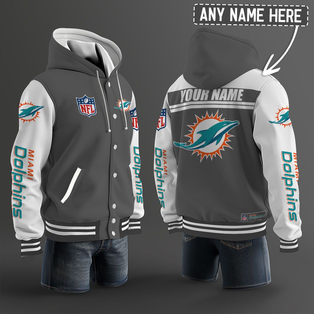 Miami Dolphins NFL Hooded Letterman Jacket Custom Name PBWOHG6