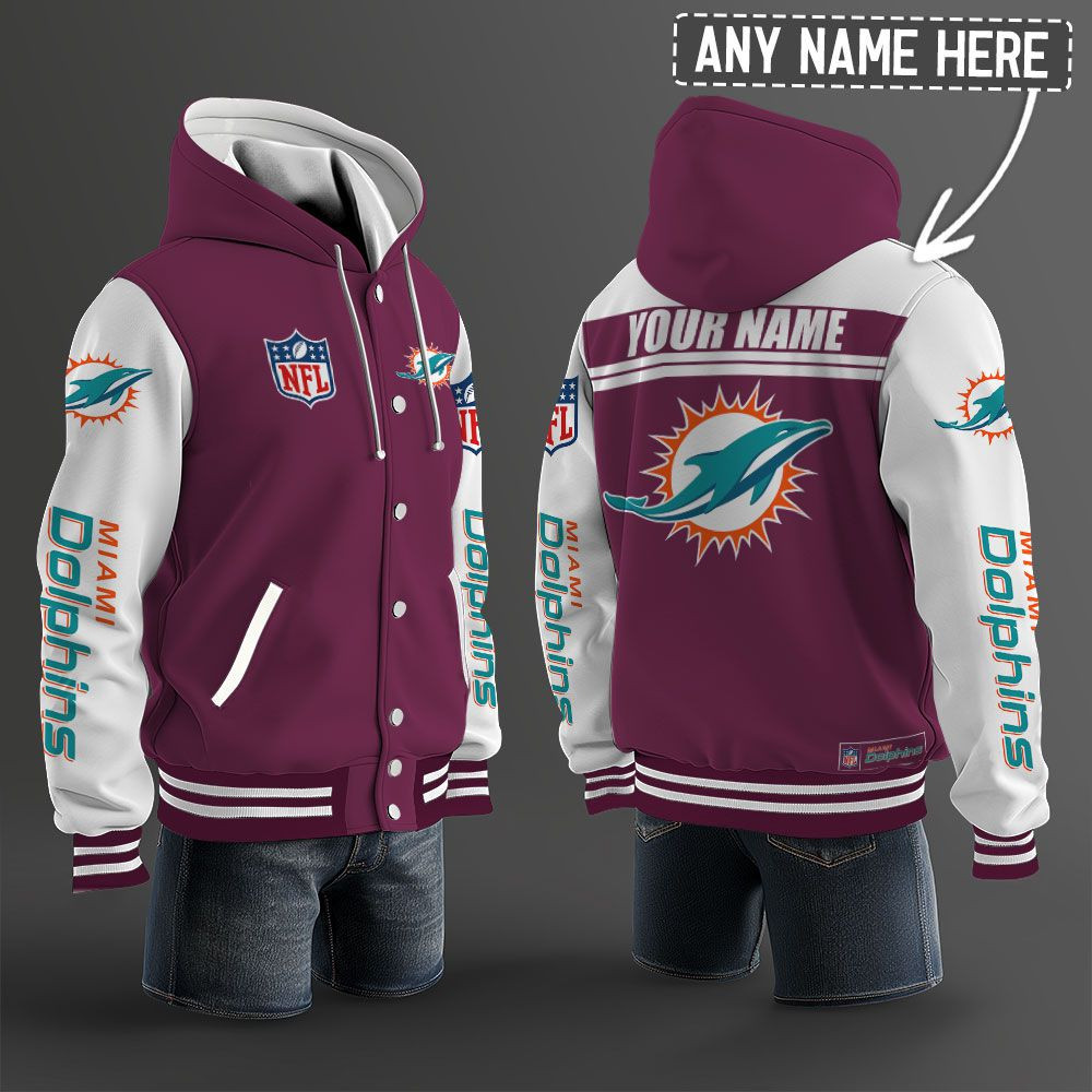 Miami Dolphins NFL Hooded Letterman Jacket Custom Name PBWOHG6