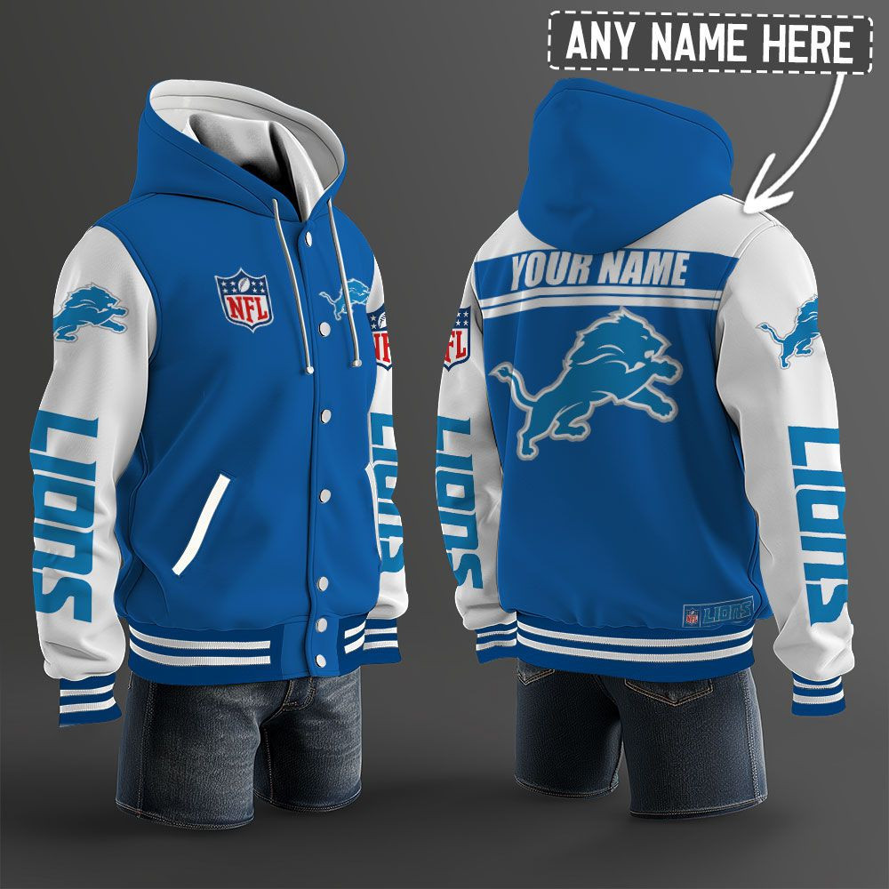 Detroit Lions NFL Hooded Letterman Jacket Custom Name BRDCT3DA1105