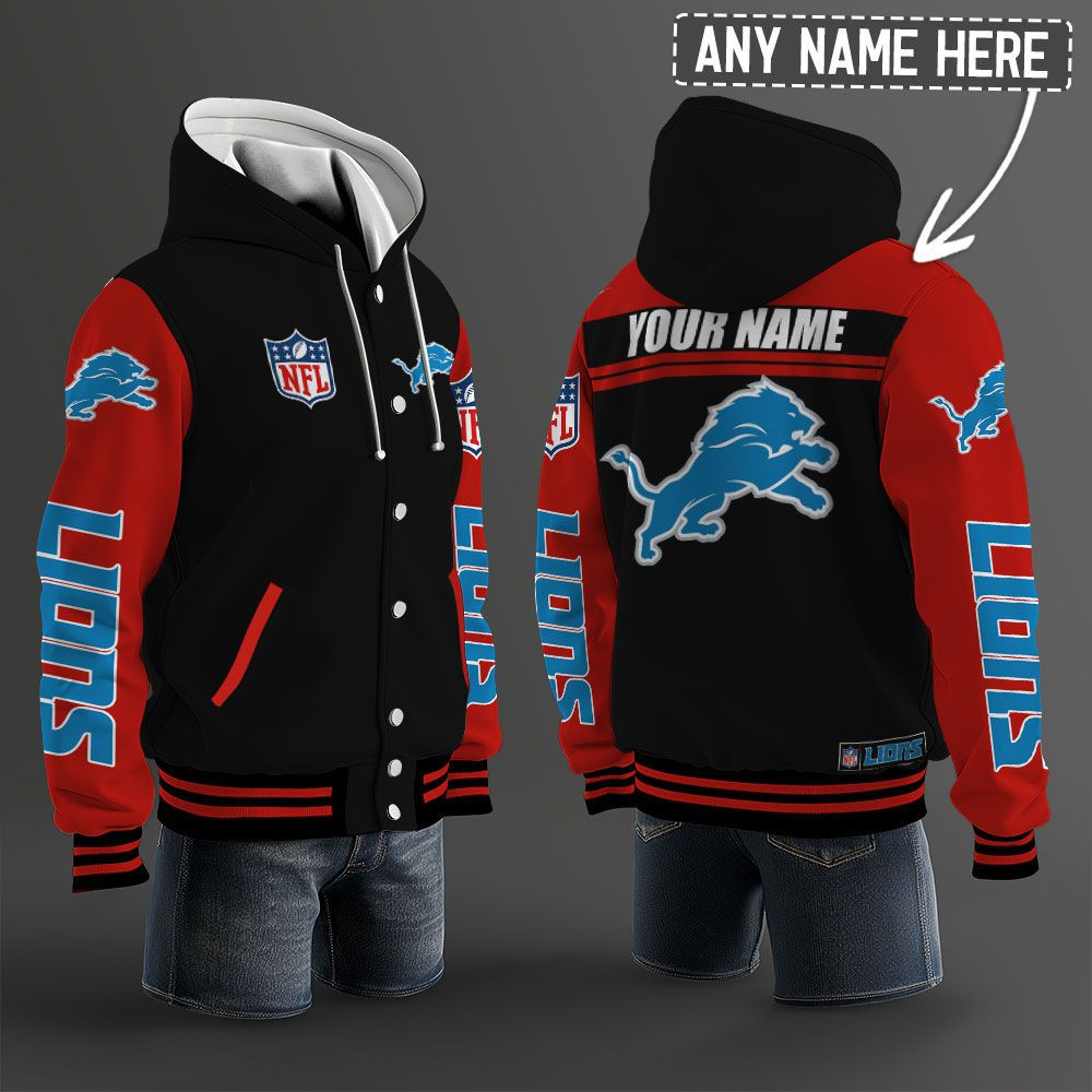 Detroit Lions NFL Hooded Letterman Jacket Custom Name PBK3I1R