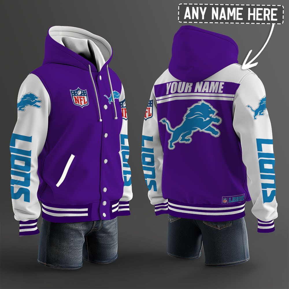 Detroit Lions NFL Hooded Letterman Jacket Custom Name PBK3I1R