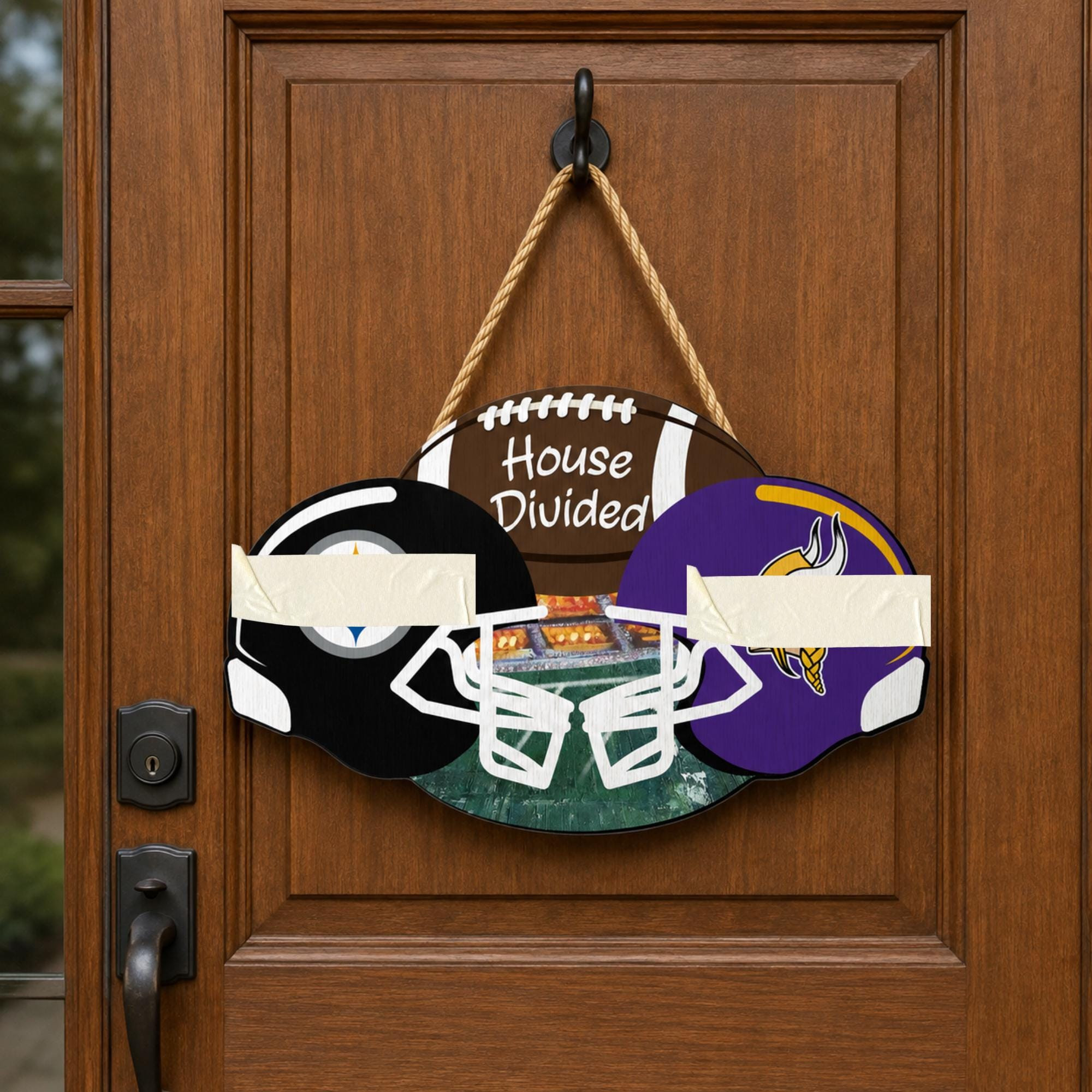 House Divided Custom Football Team Door Hanger, Personalized Rival Teams Sign, Football Helmet Door Decor, Sports Fan Family Gift