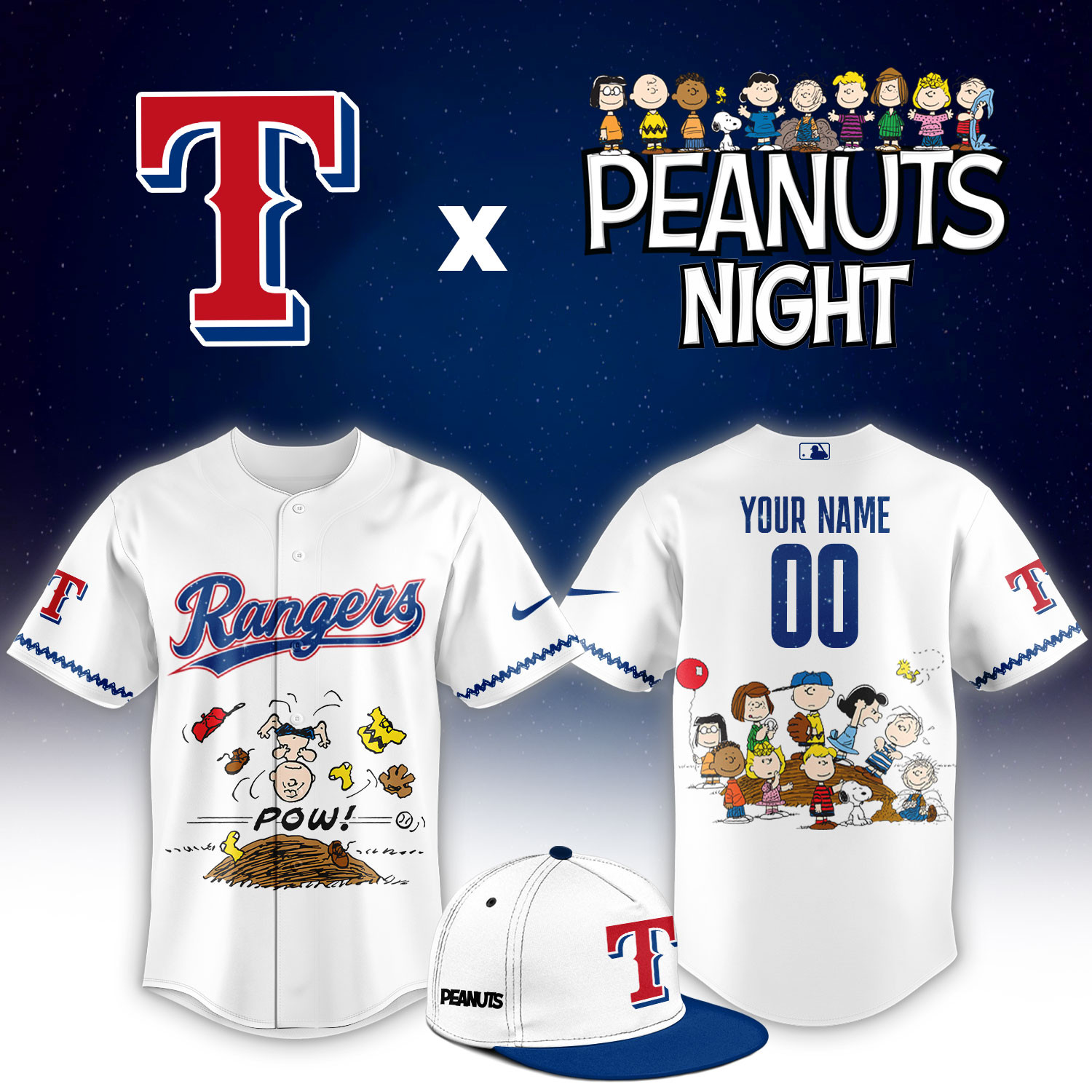 Texas Rangers Peanuts Night Limited Custom Jersey PBRVBUP