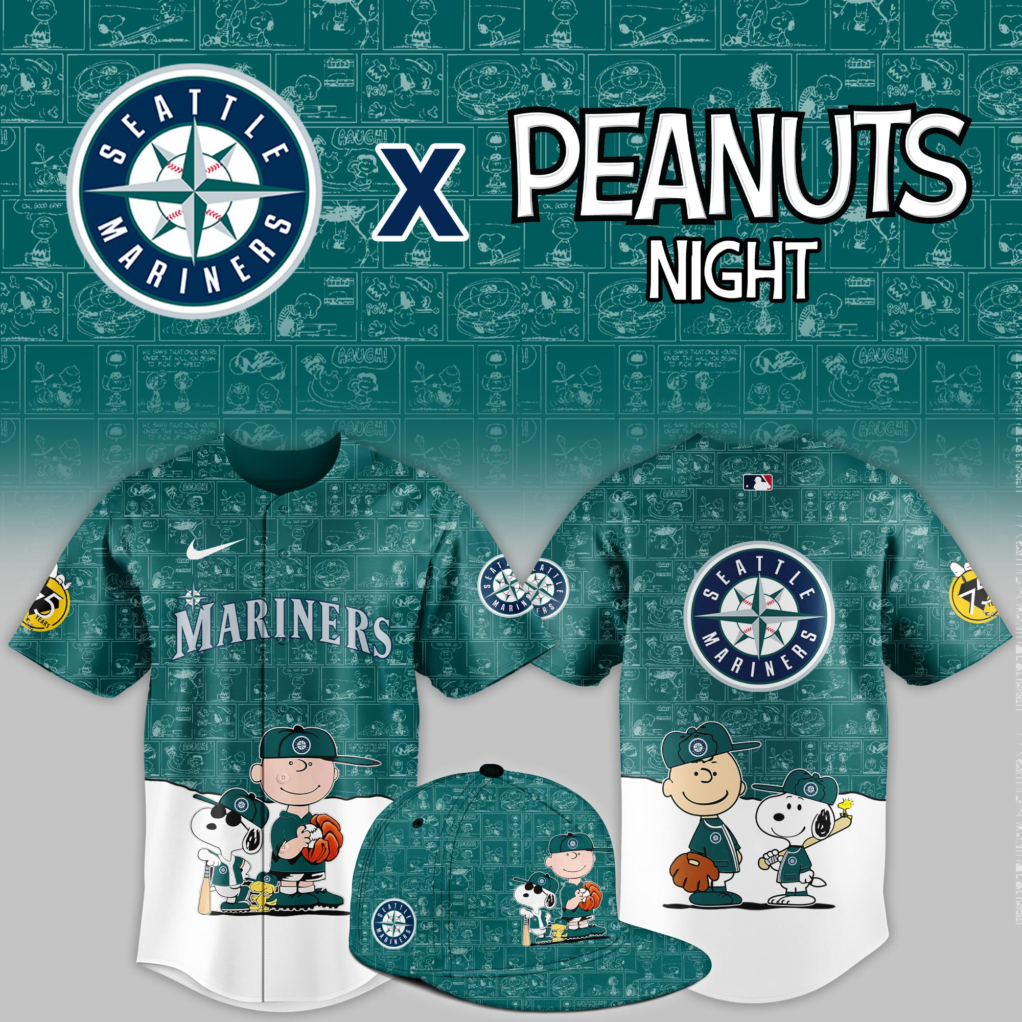 Seattle Mariners Peanuts Theme Night Limited Jersey PBEBGRF
