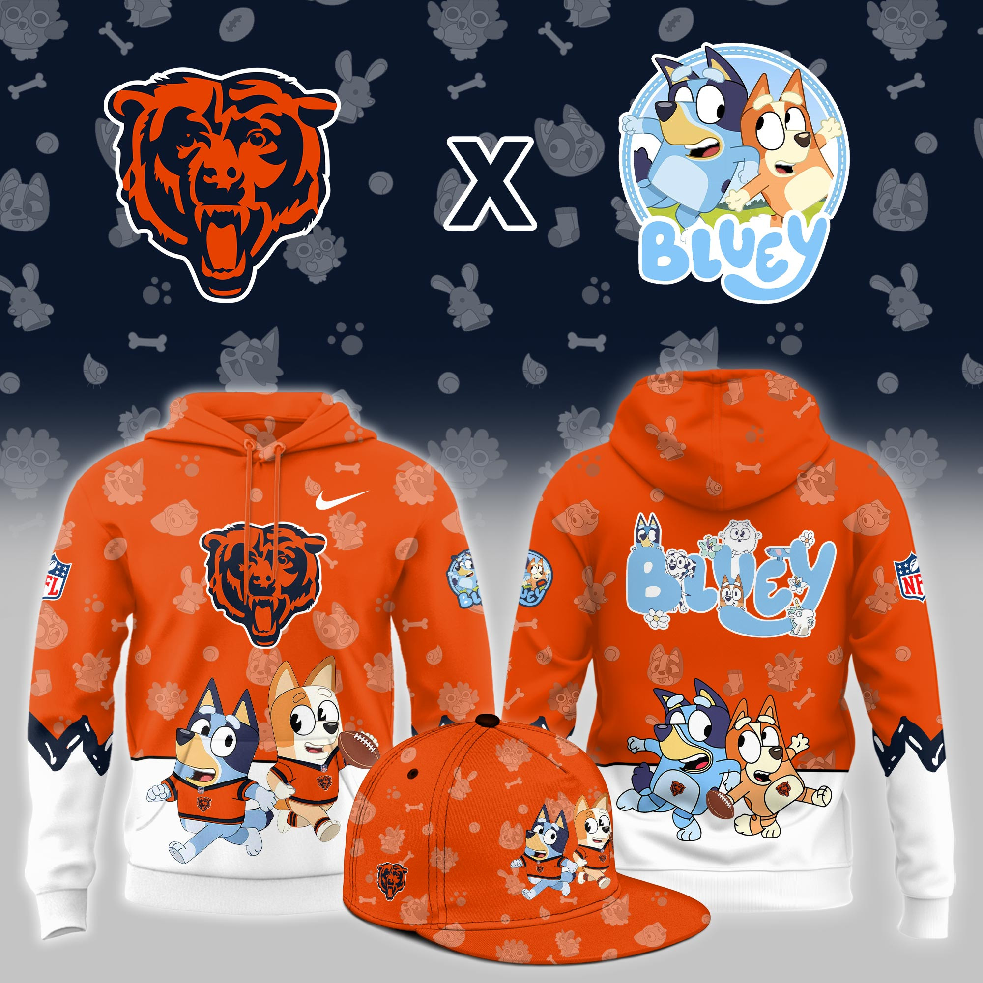 Chicago Bears x Bluey Night Limited Orange Hoodie PB39R88