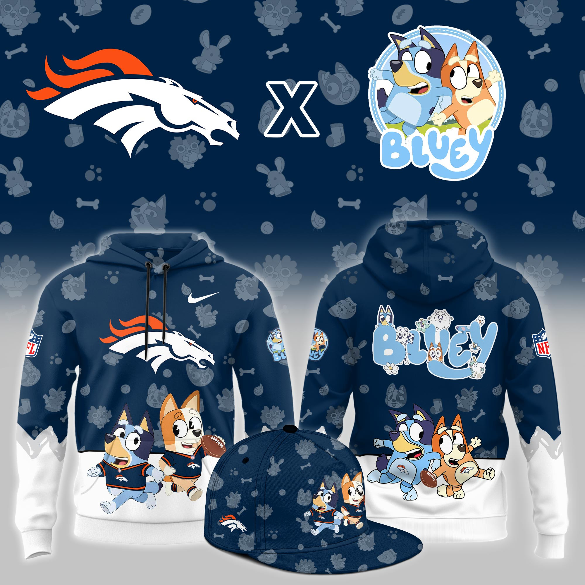Denver Broncos x Bluey Night Limited Blue Hoodie PBTAYXS