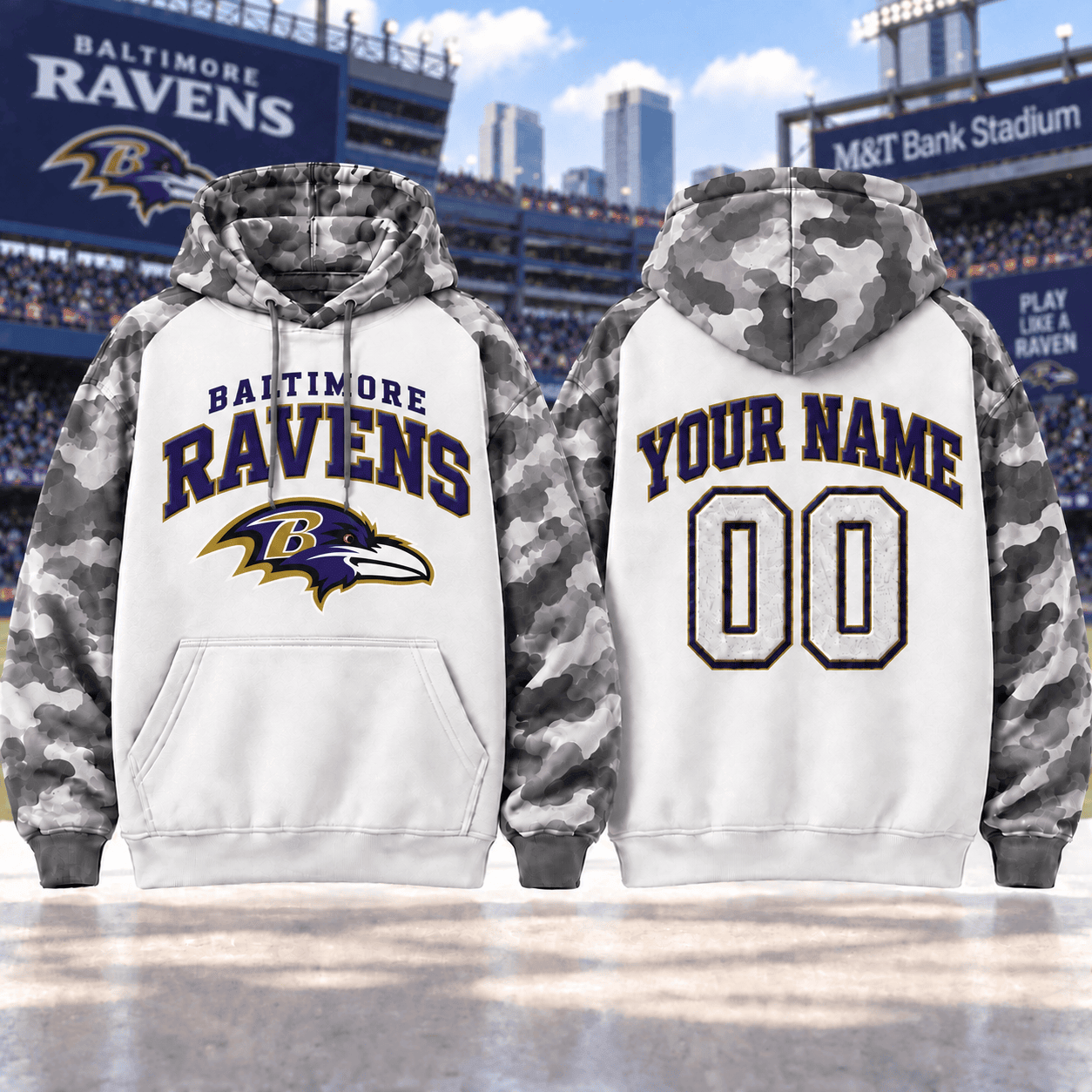 Baltimore Ravens | Premium NFL Custom Grey Camo Hoodie NNK