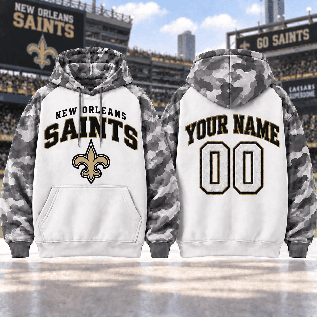 New Orleans Saints | Premium NFL Custom Grey Camo Hoodie NNK