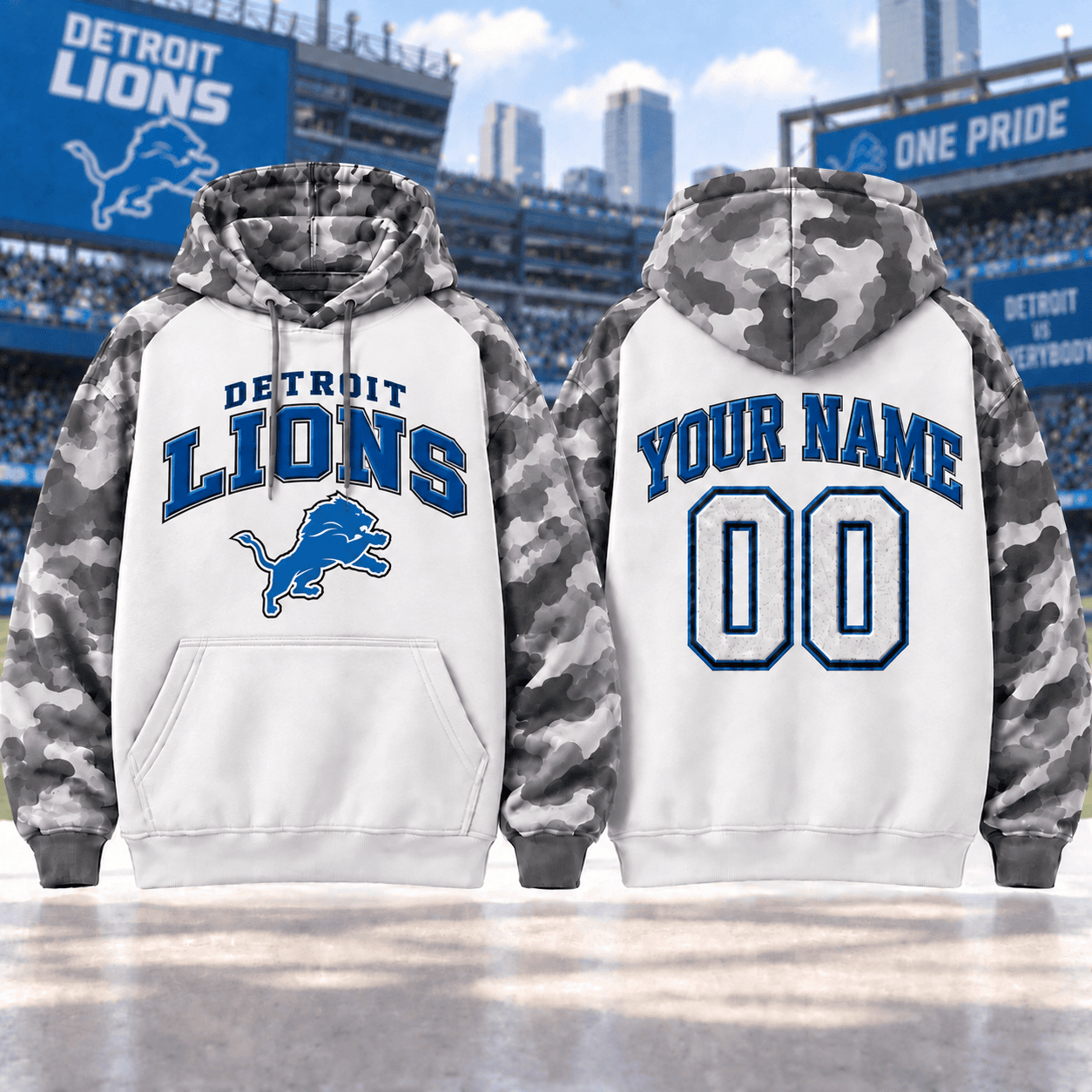 Detroit Lions | Premium NFL Custom Grey Camo Hoodie NNK