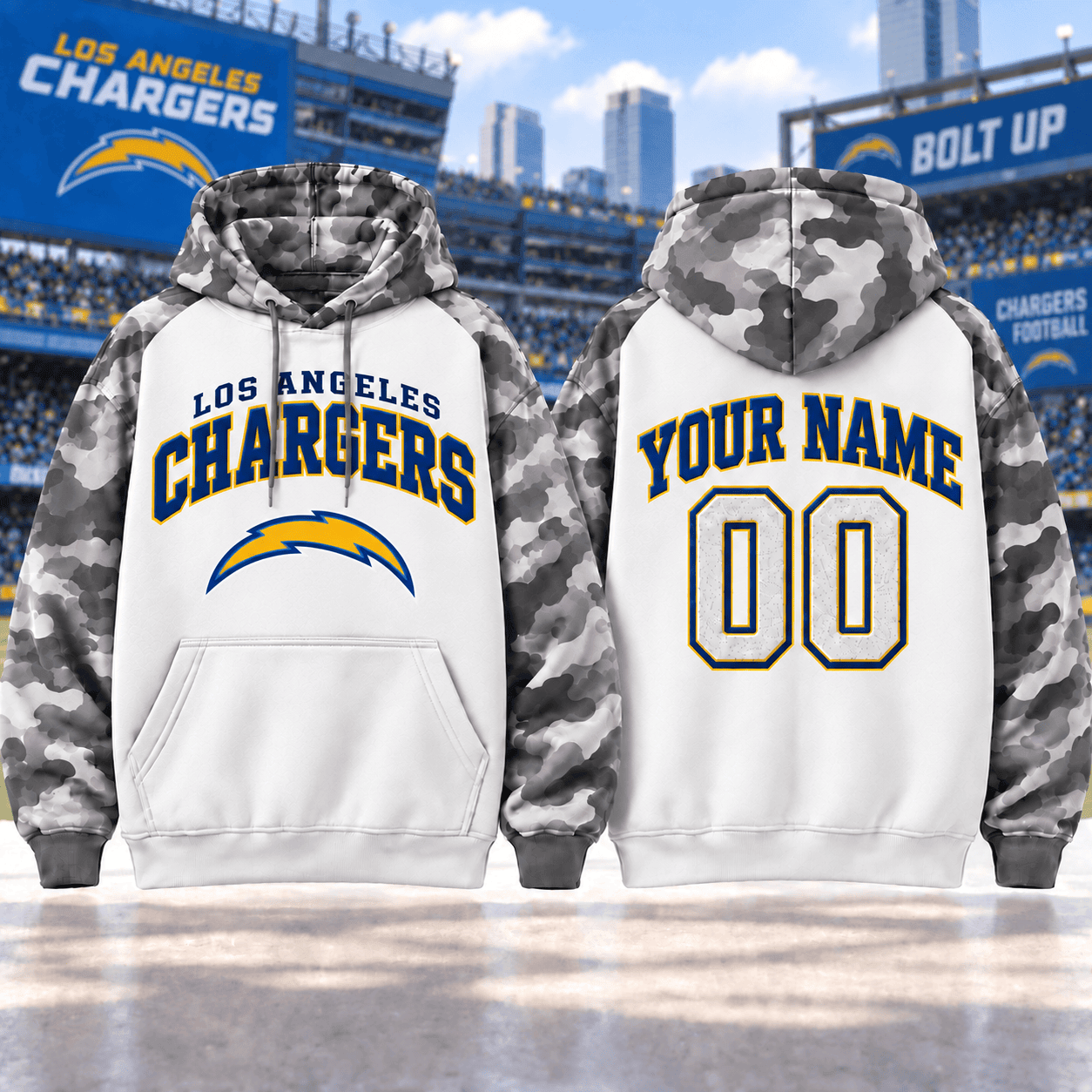 Los Angeles Chargers | Premium NFL Custom Grey Camo Hoodie NNK