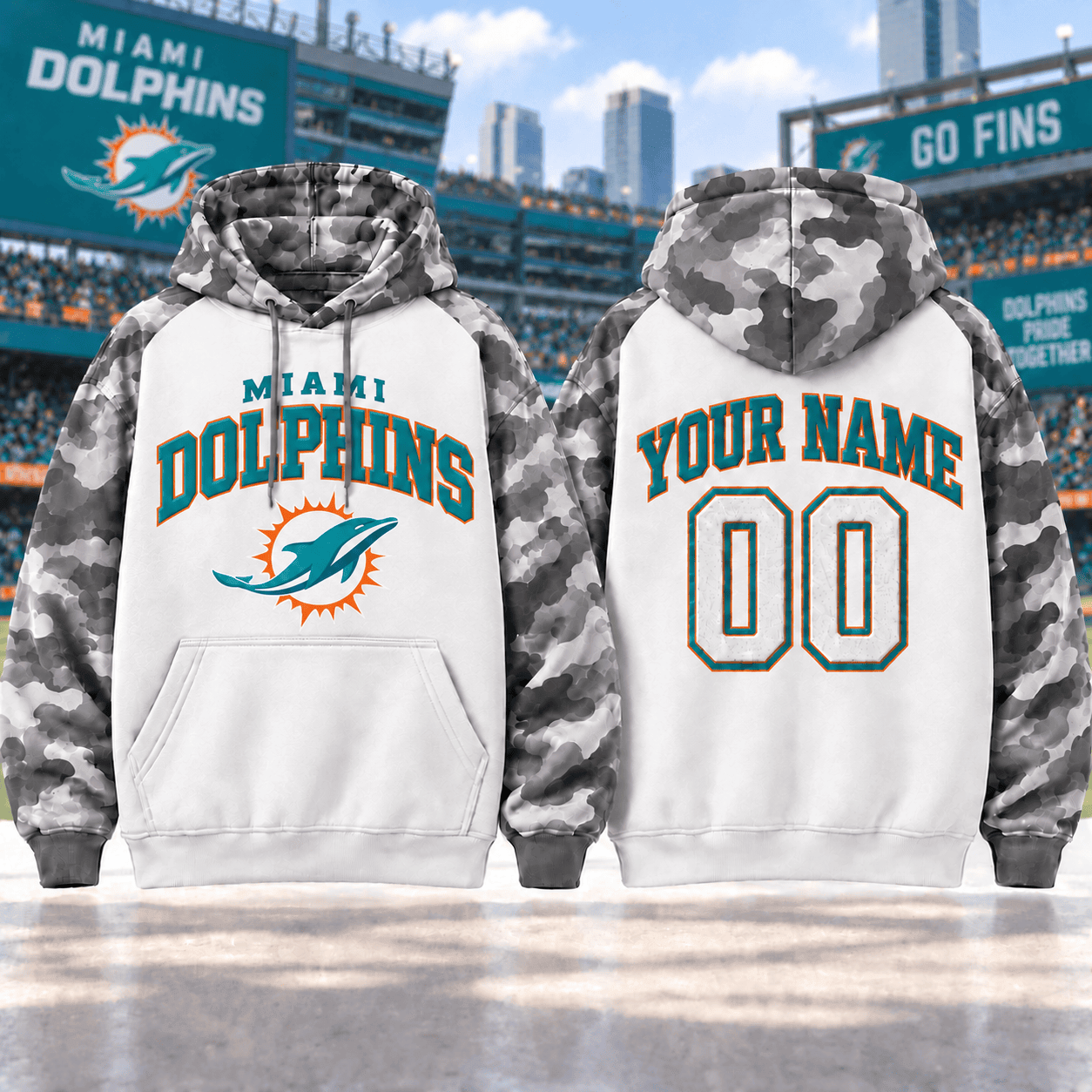 Miami Dolphins | Premium NFL Custom Grey Camo Hoodie NNK