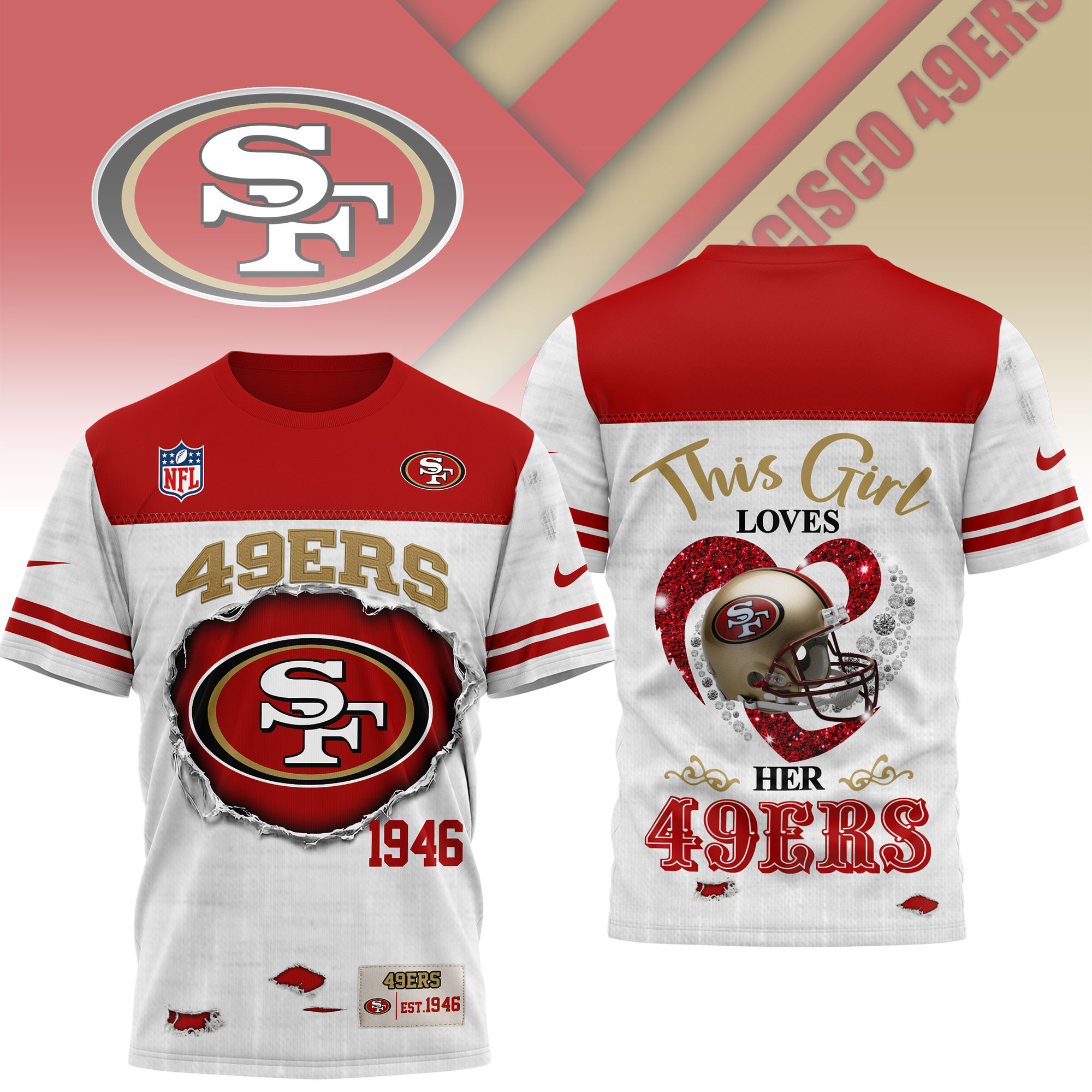 San Francisco 49ers | Premium NFL Girl Heart & Helmet 3D Shirt NTH1