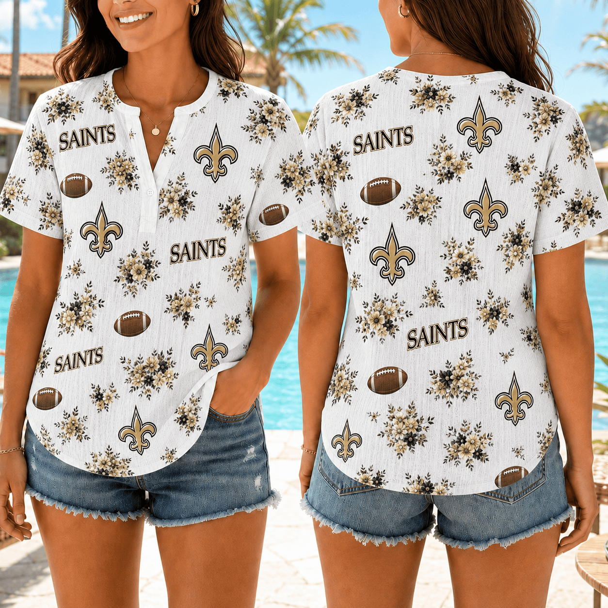 New Orleans Saints | Premium NFL Floral Football Women’s Summer Linen Shirt TD