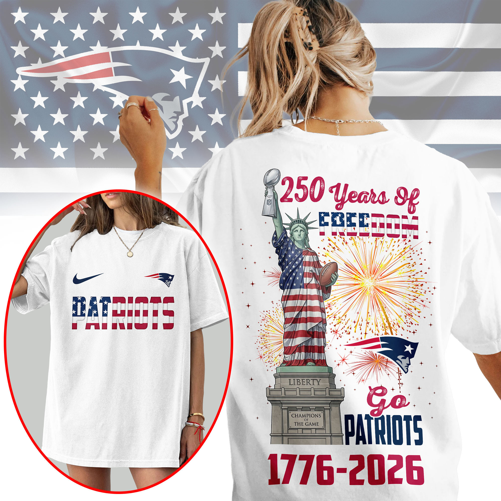 New England Patriots | Premium NFL Statue Of Liberty 250th Anniversary 3D Shirt NP