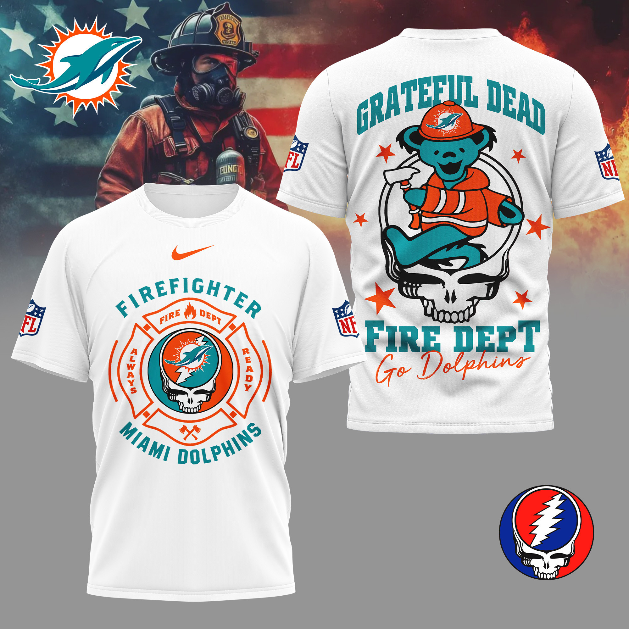 Miami Dolphins | Premium NFL Grateful Dead Firefighter 3D Shirt NY