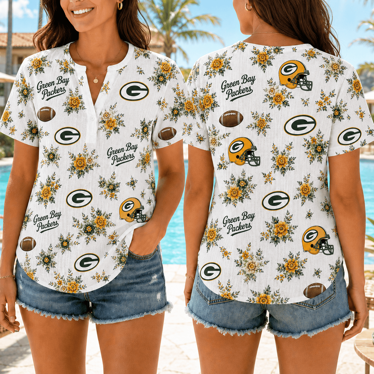 Green Bay Packers | Premium NFL Floral Football Women’s Summer Linen Shirt TD